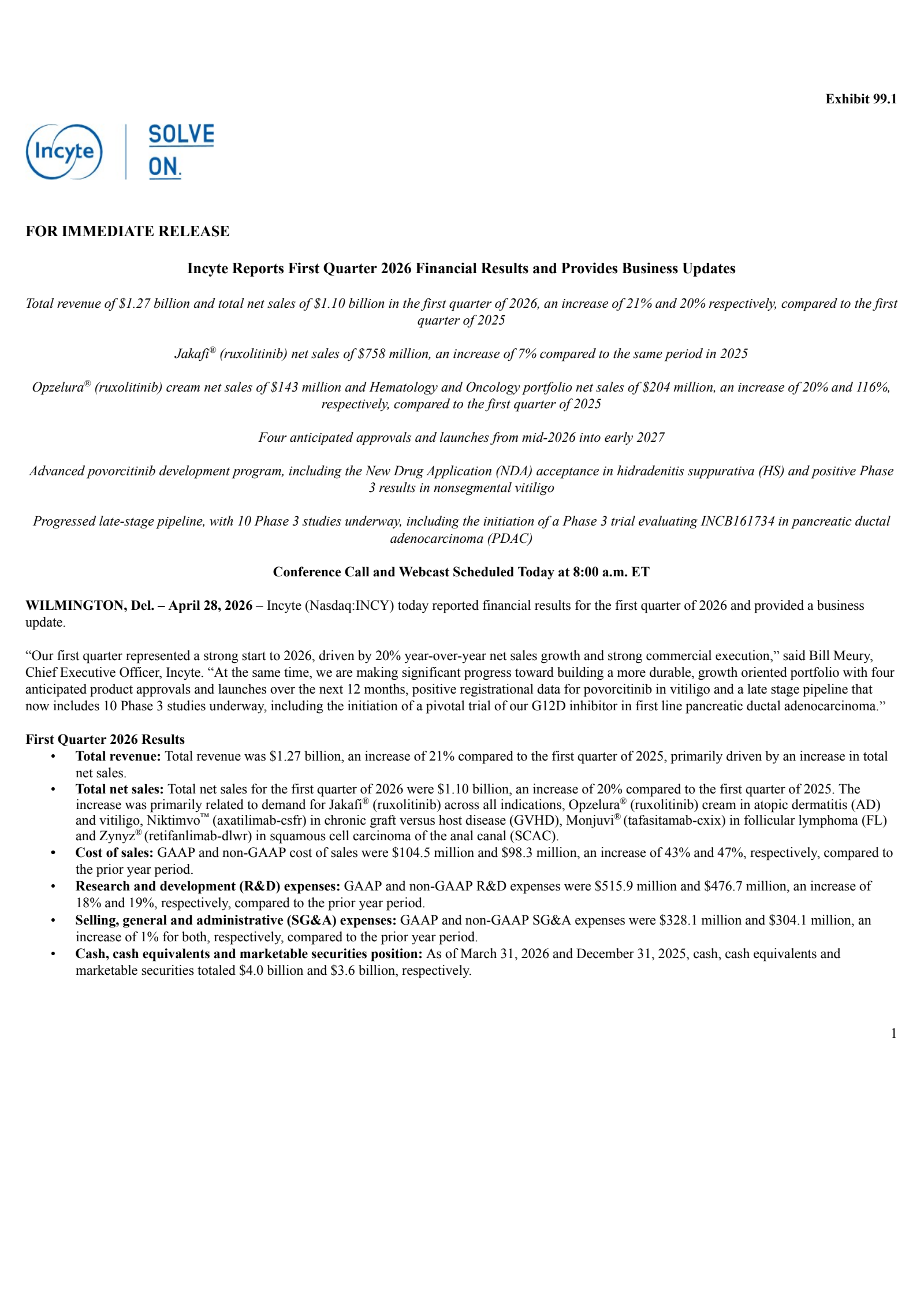 Incyte's Q1 2026 Press Release