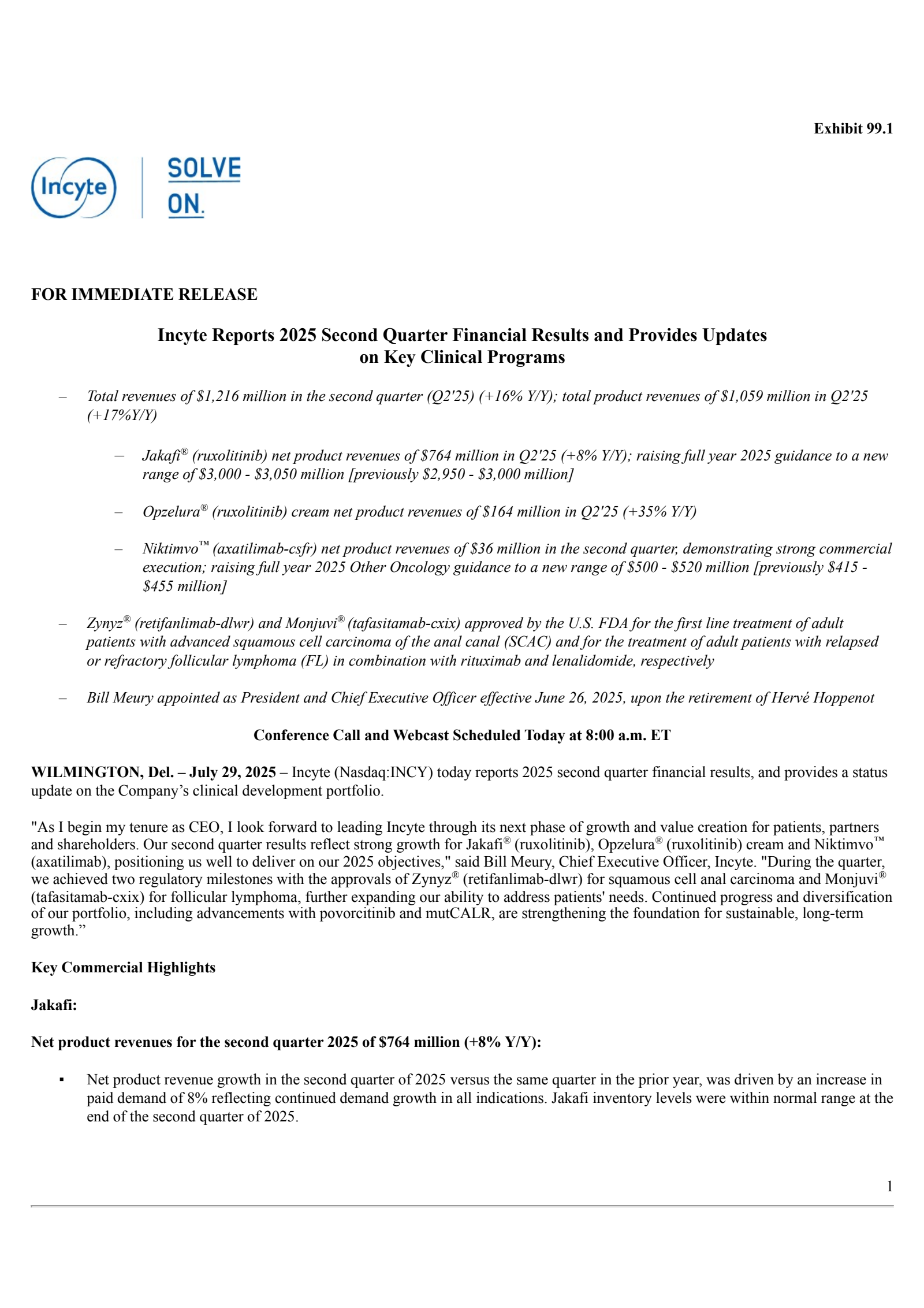 Incyte's Q2 2025 Press Release