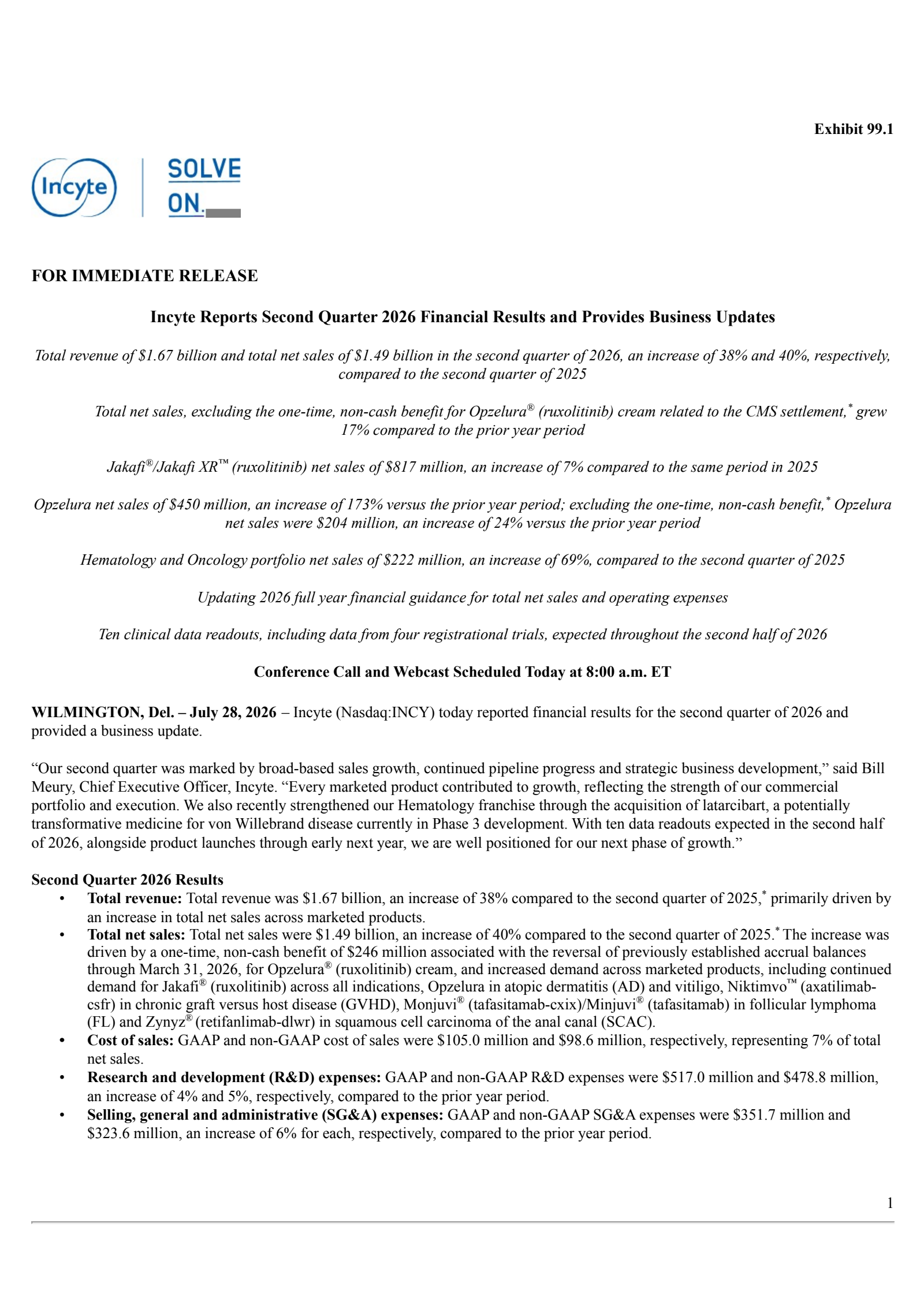 Incyte's Q2 2026 Press Release
