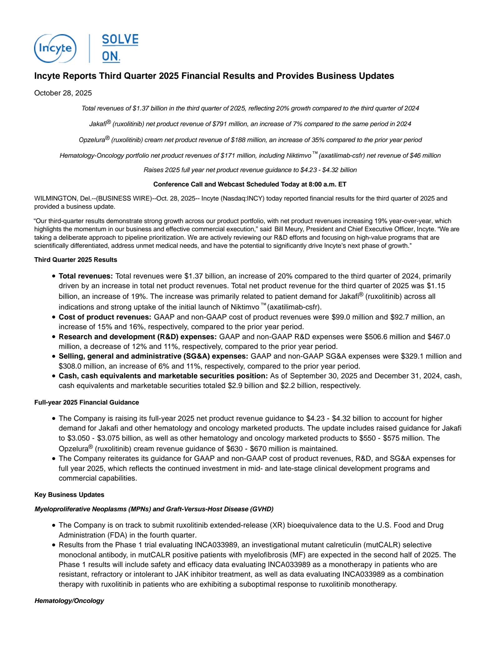 Incyte's Q3 2025 Earnings Release