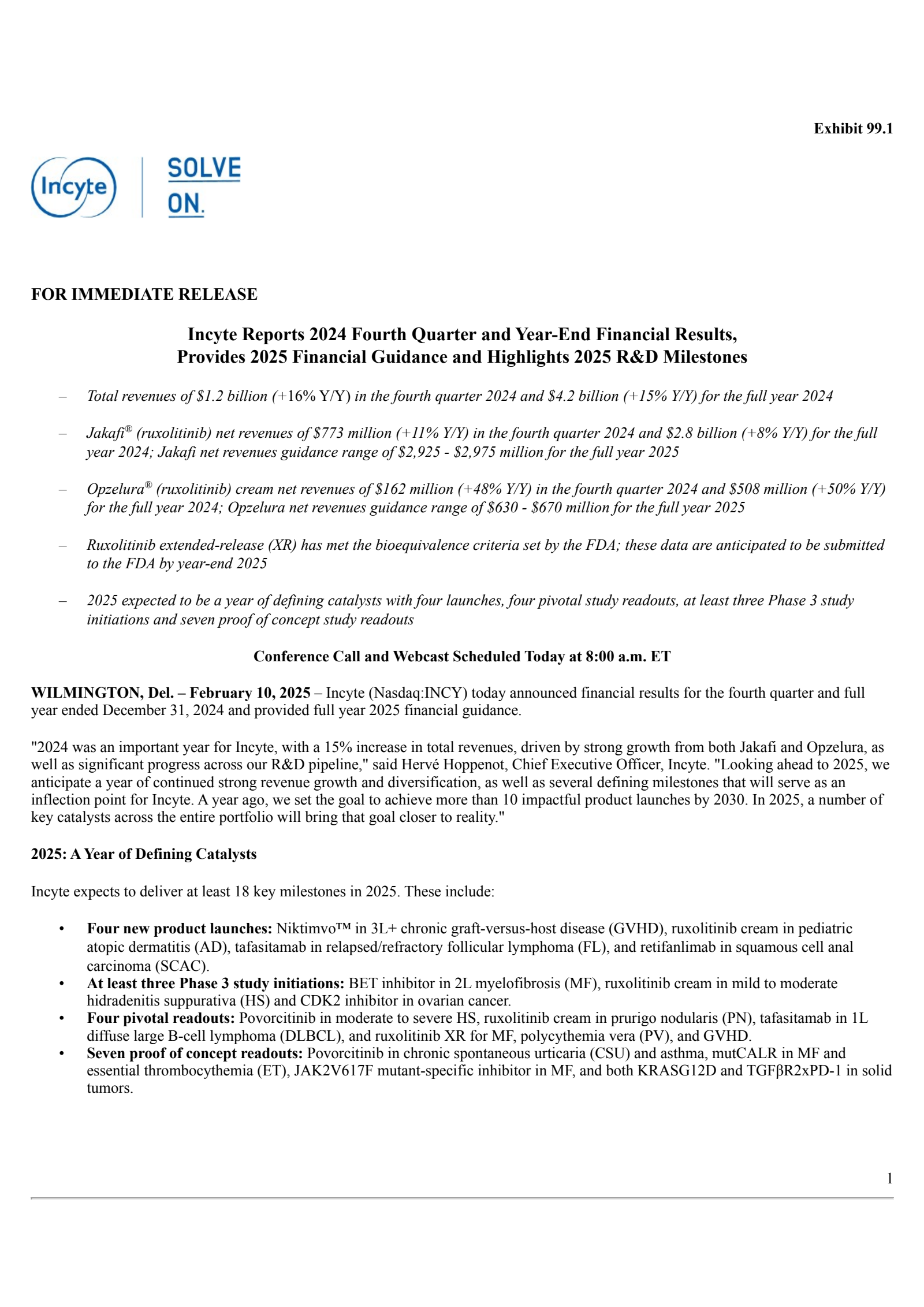 Incyte's Q4 2024 Press Release