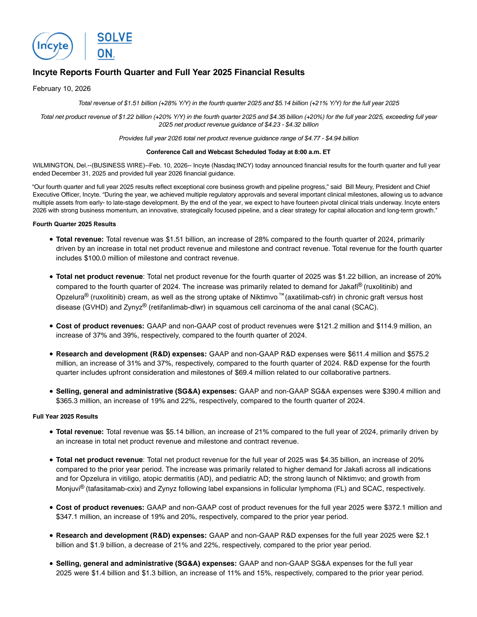 Incyte's Q4 2025 Press Release
