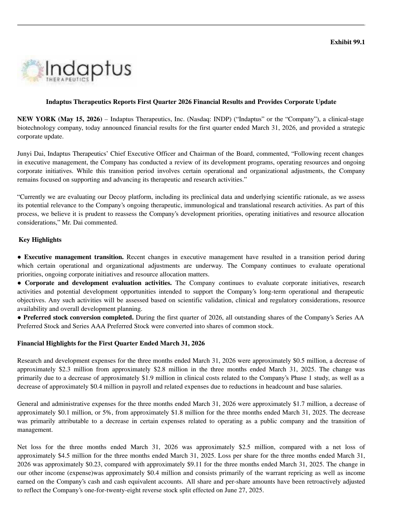 Indaptus Therapeutics' Q1 2026 Press Release