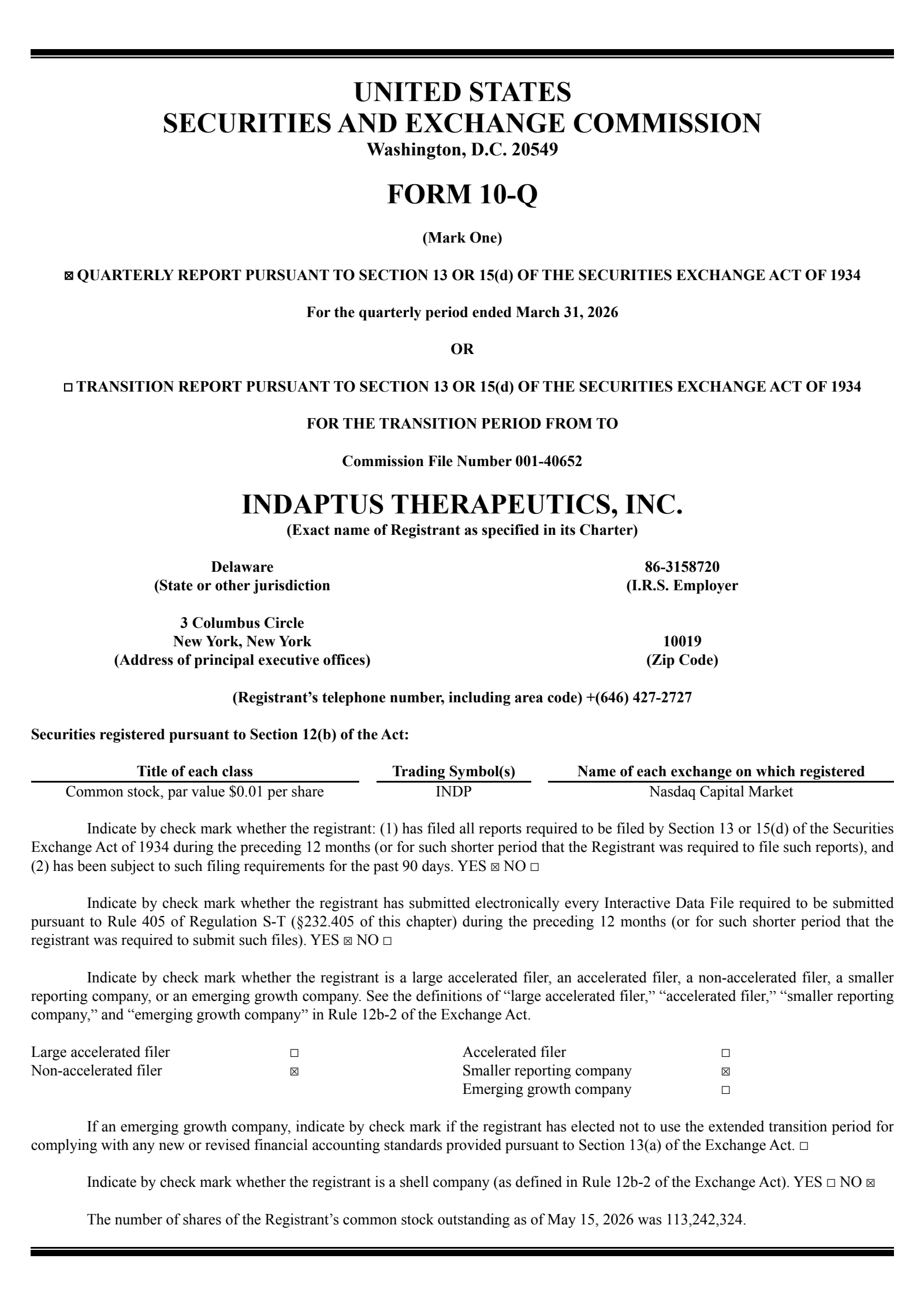 Indaptus Therapeutics' Q1 2026 Quarterly report
