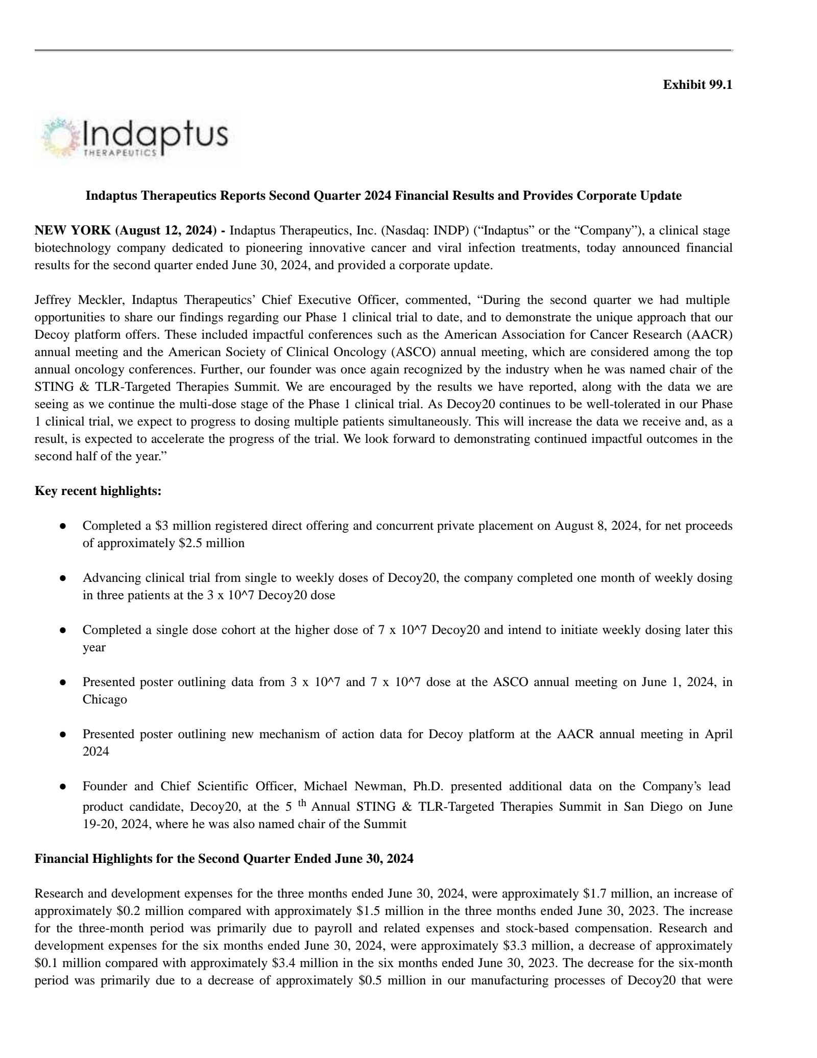Indaptus Therapeutics' Q2 2024 Press Release