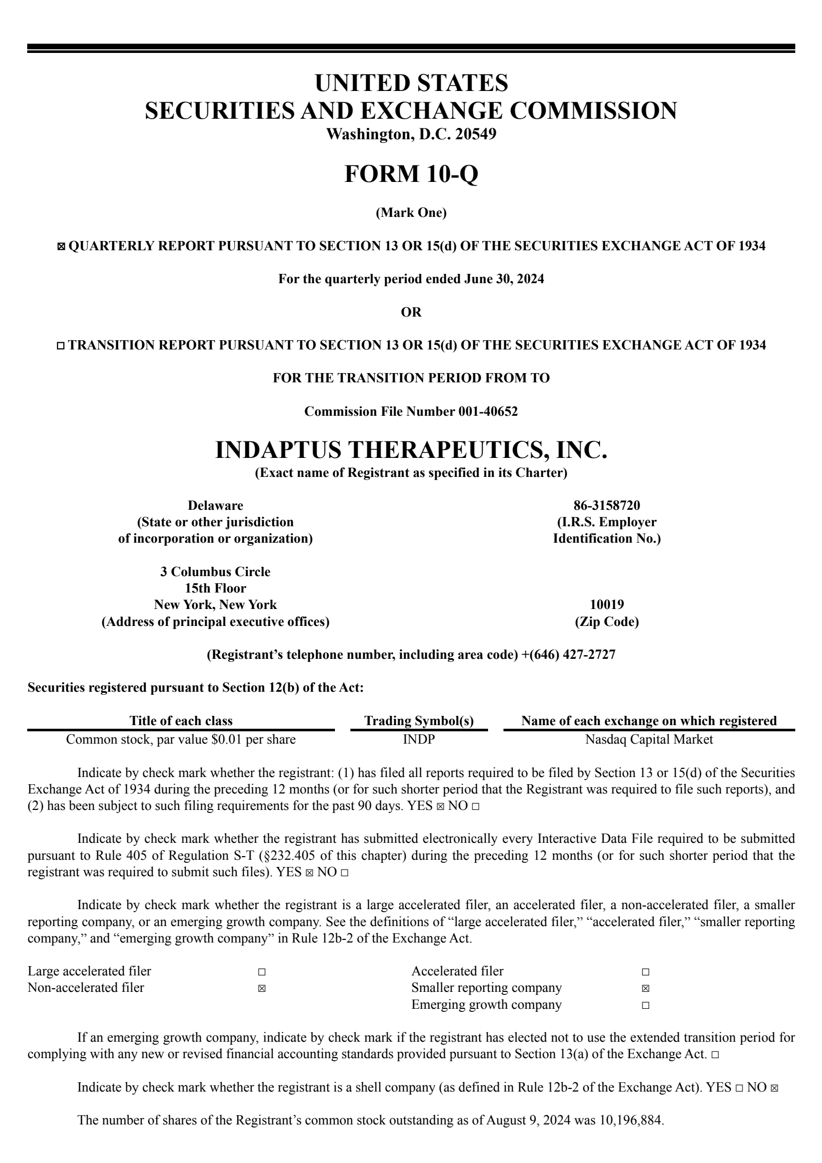 Indaptus Therapeutics' Q2 2024 Quarterly report