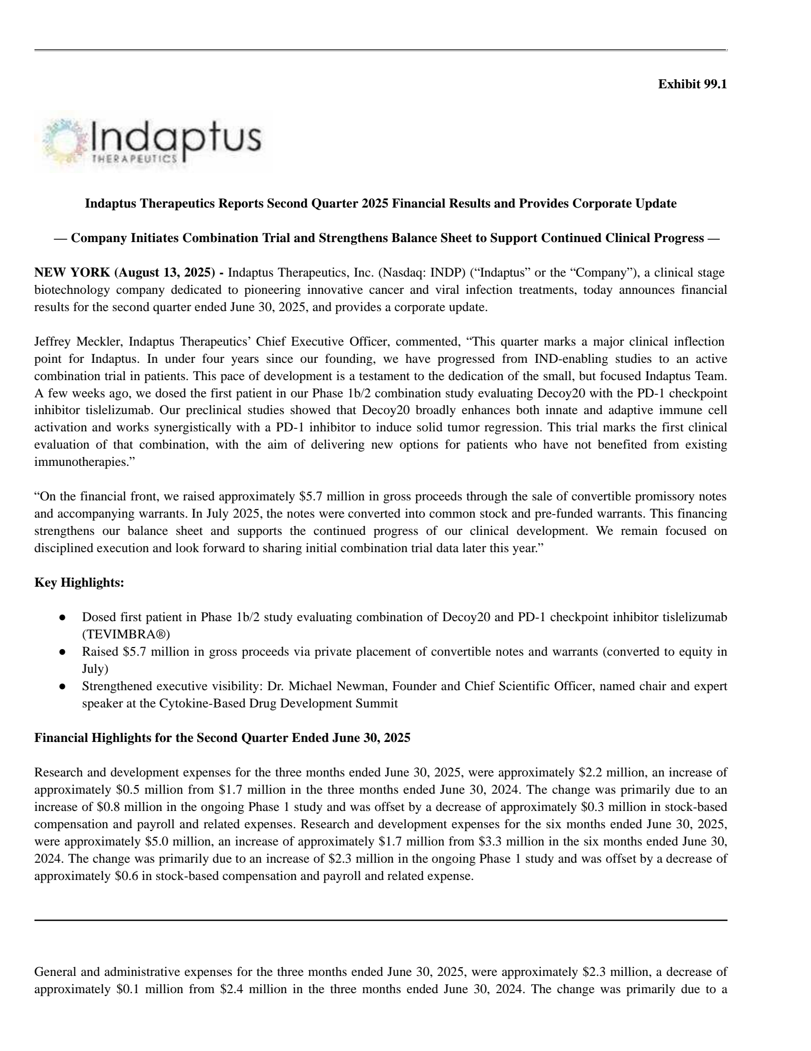 Indaptus Therapeutics' Q2 2025 Press Release