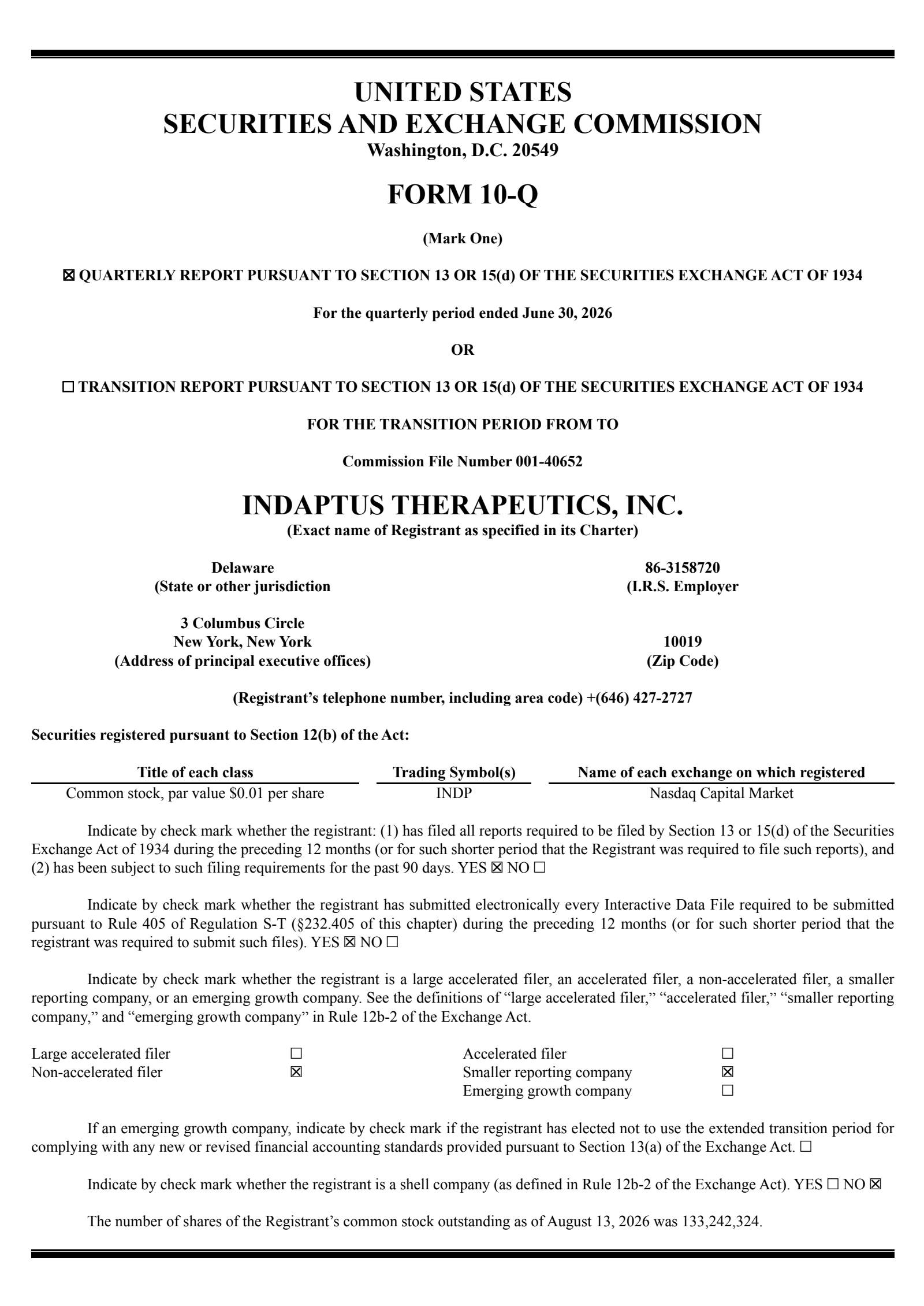 Indaptus Therapeutics' Q2 2026 Quarterly report