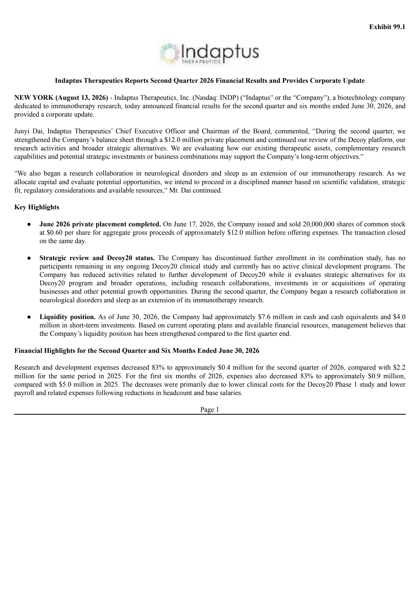 Indaptus Therapeutics' Q2 2026 Press Release