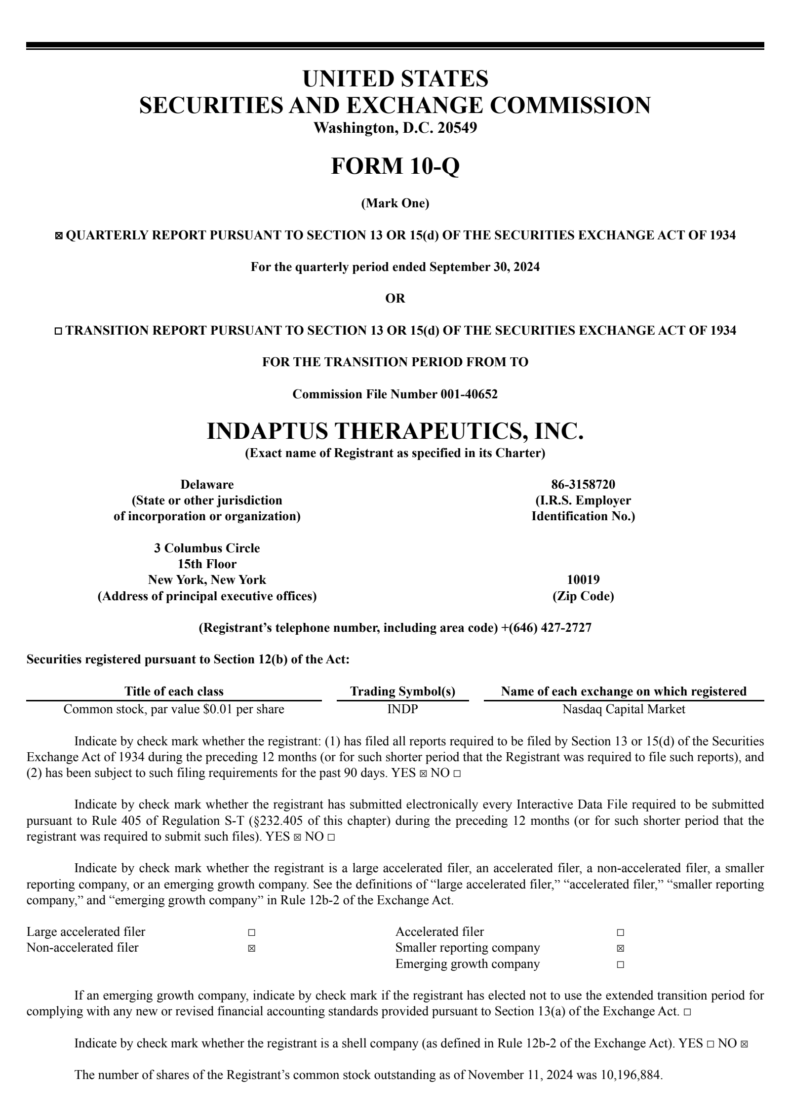 Indaptus Therapeutics' Q3 2024 Quarterly report
