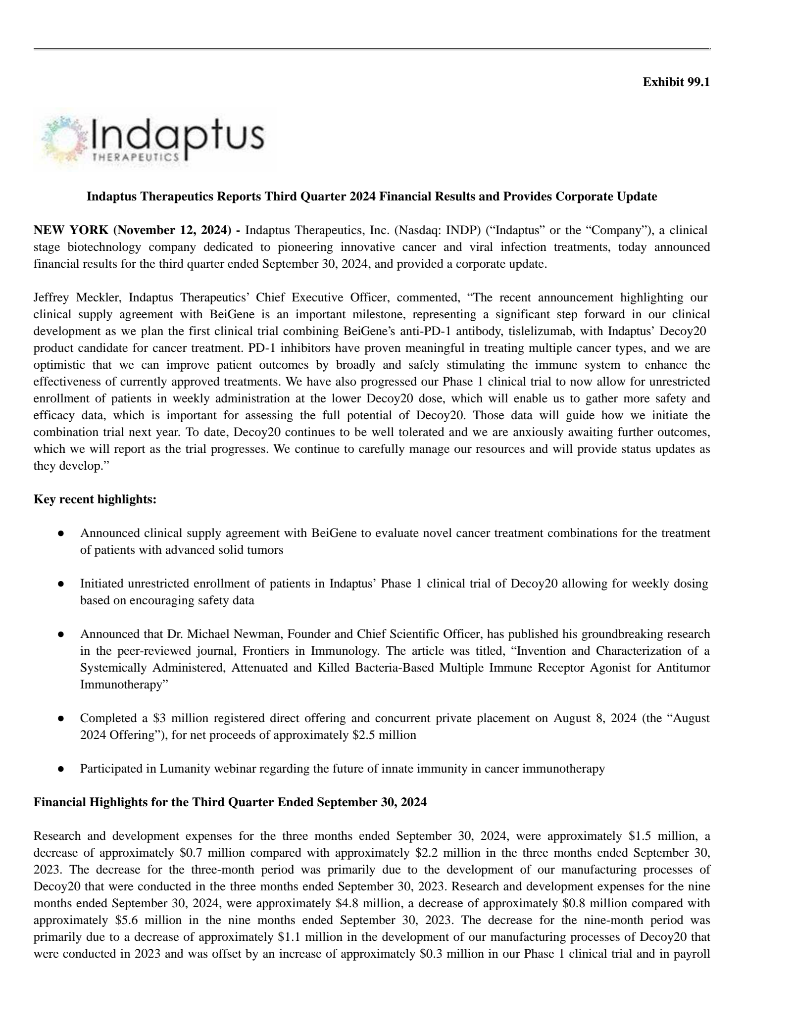 Indaptus Therapeutics' Q3 2024 Press Release
