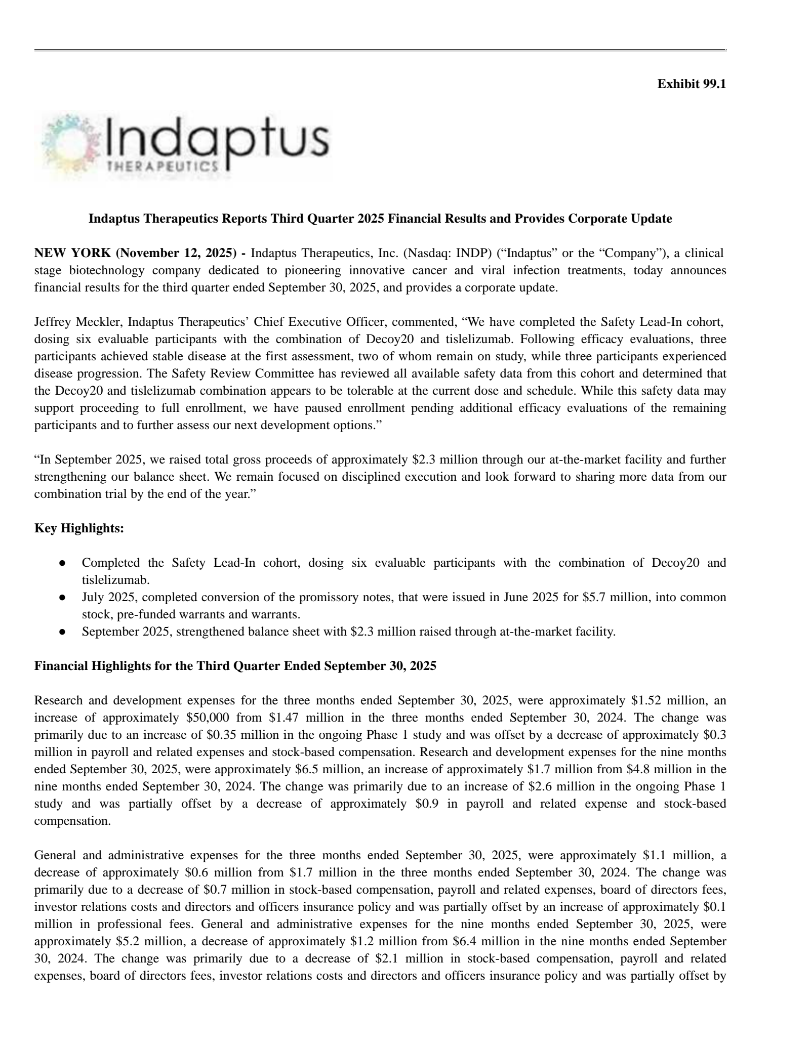 Indaptus Therapeutics' Q3 2025 Press Release