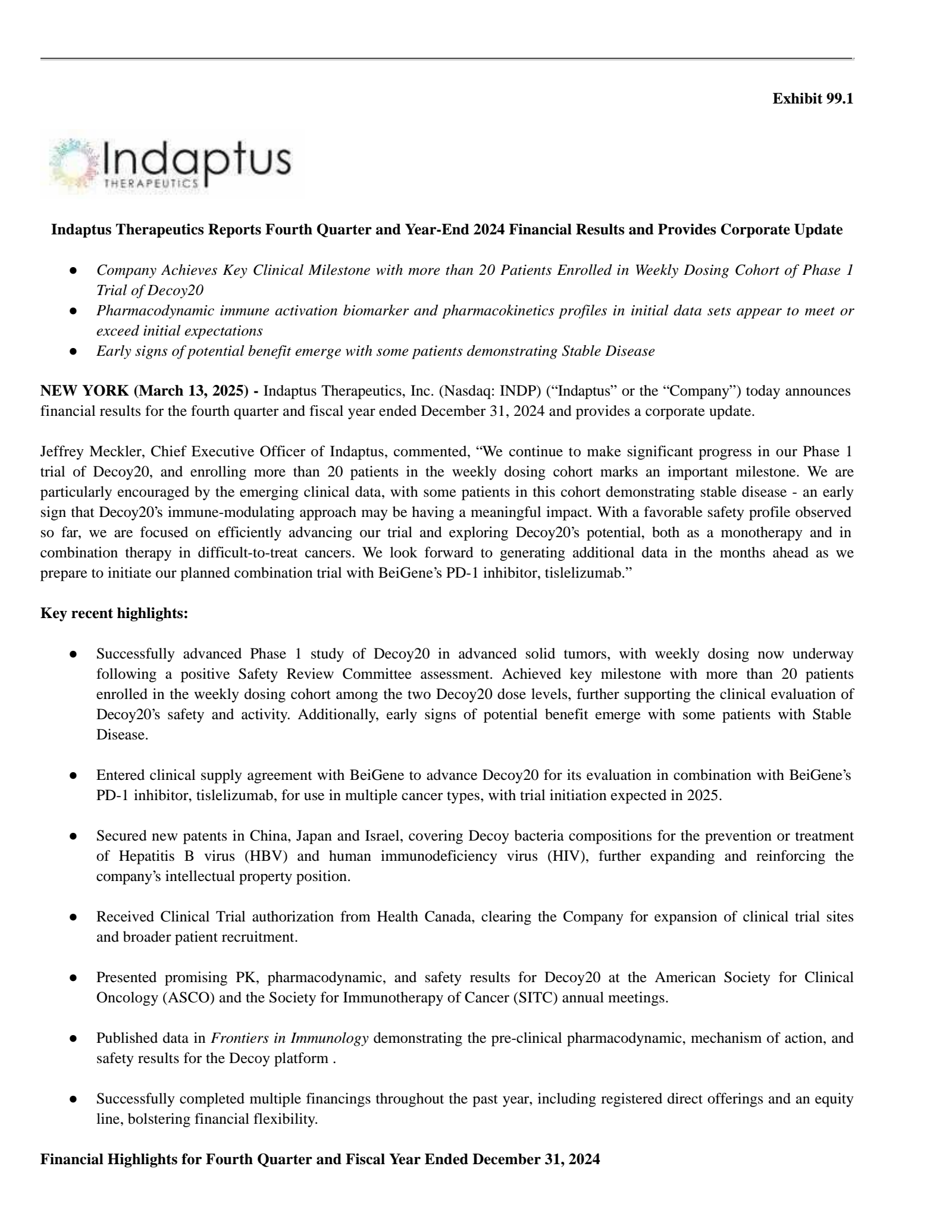 Indaptus Therapeutics' Q4 2024 Press Release