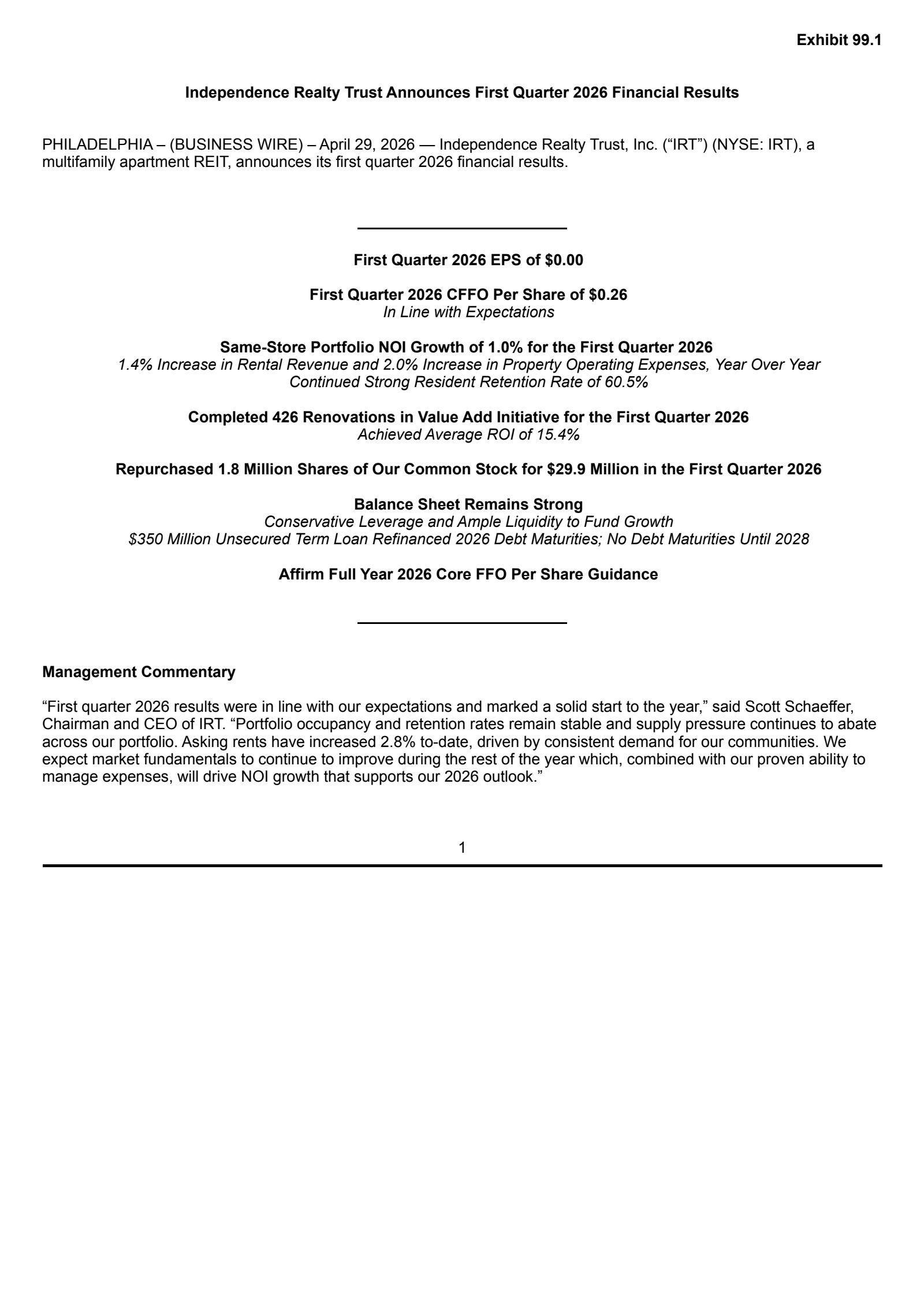 Independence Realty Trust's Q1 2026 Press Release