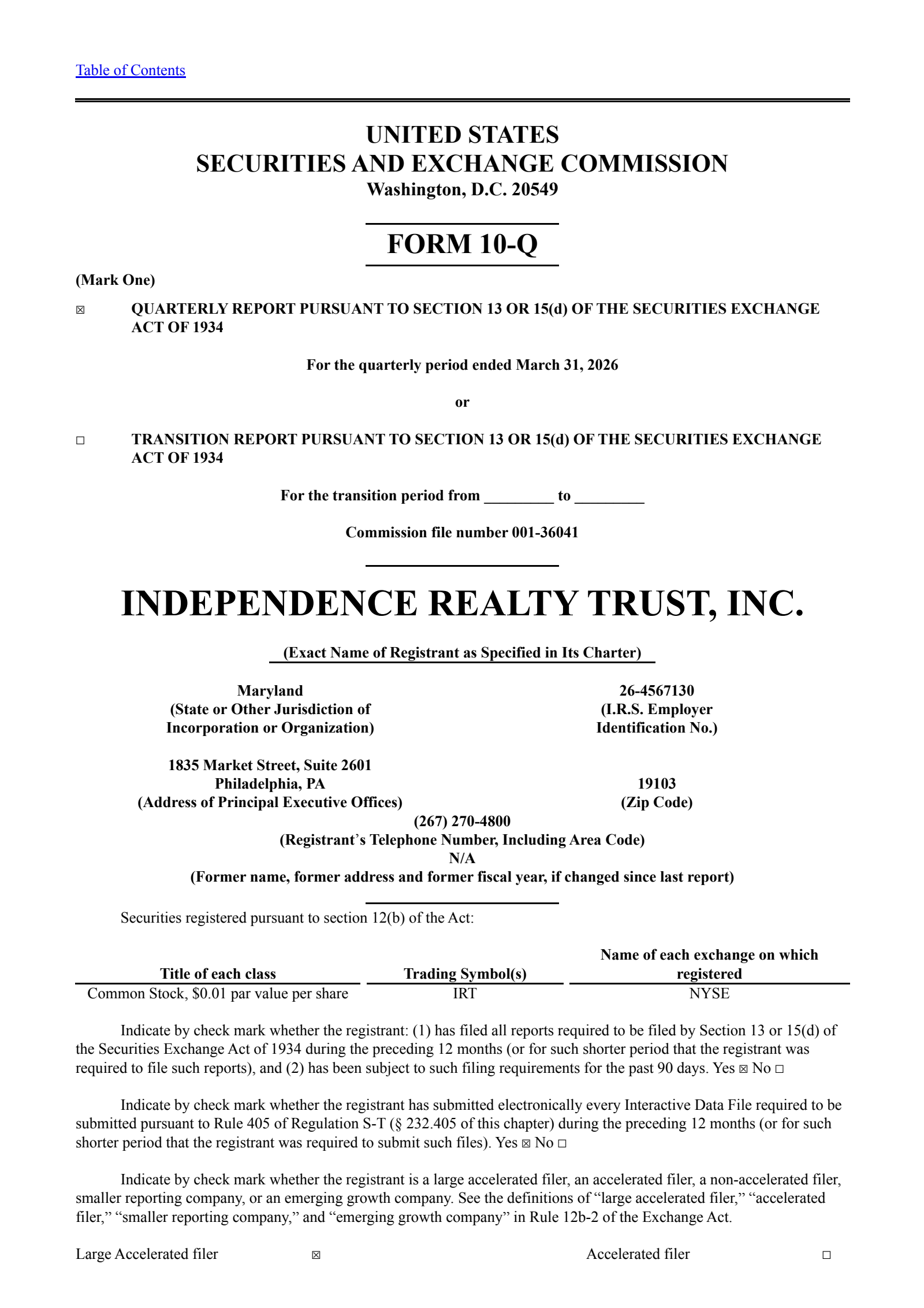 Independence Realty Trust's Q1 2026 Quarterly report