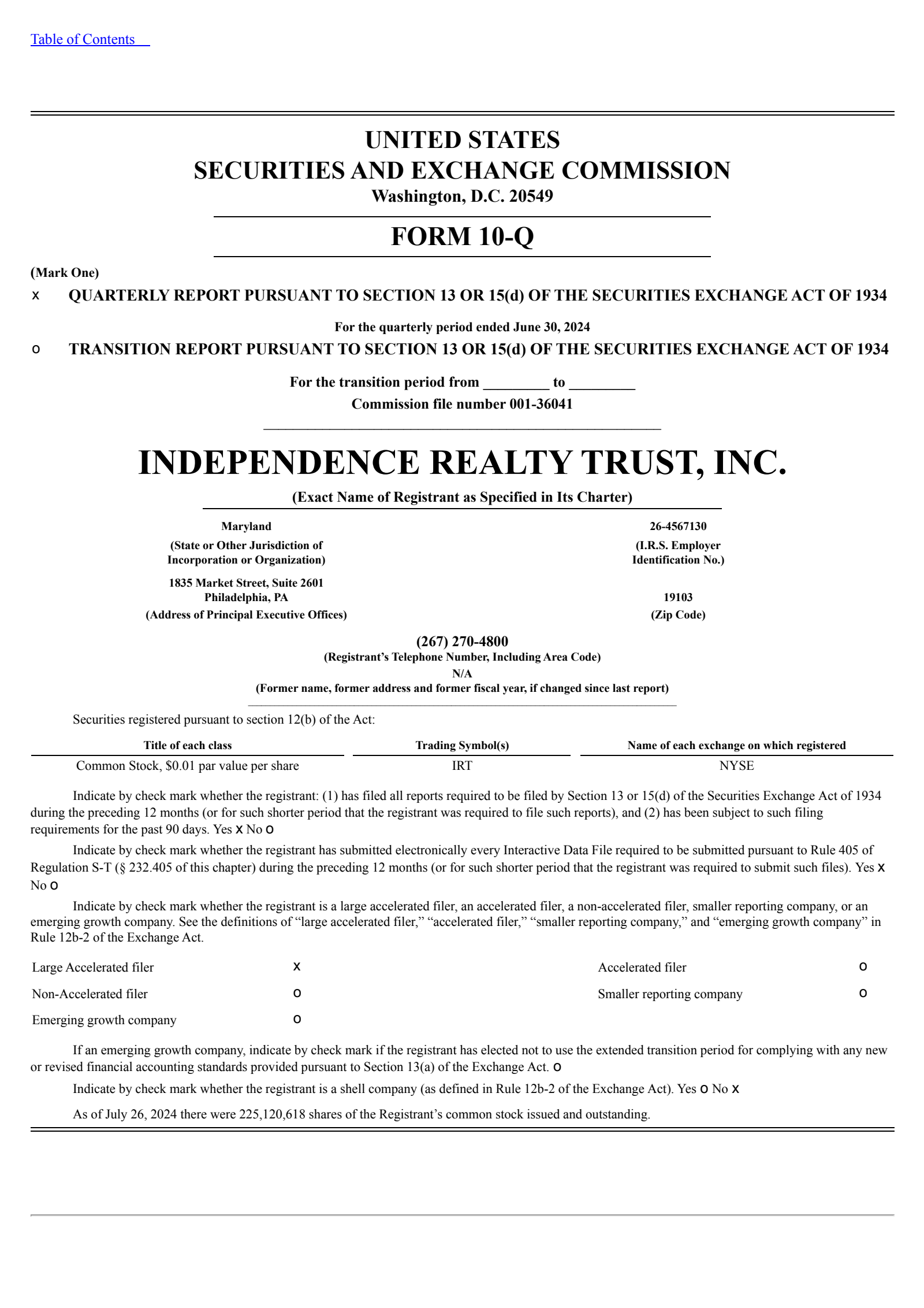Independence Realty Trust's Q2 2024 Quarterly report
