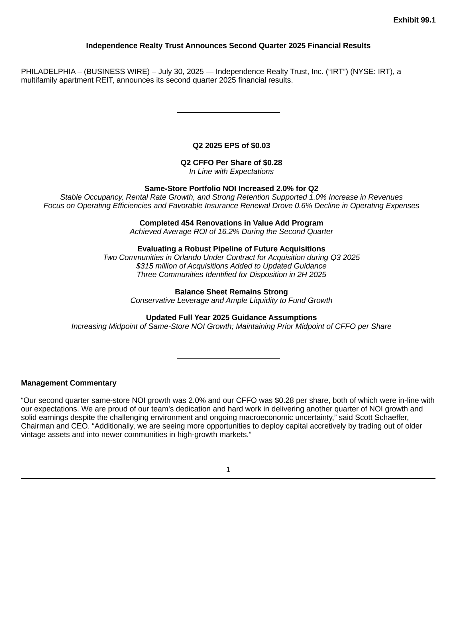 Independence Realty Trust's Q2 2025 Press Release