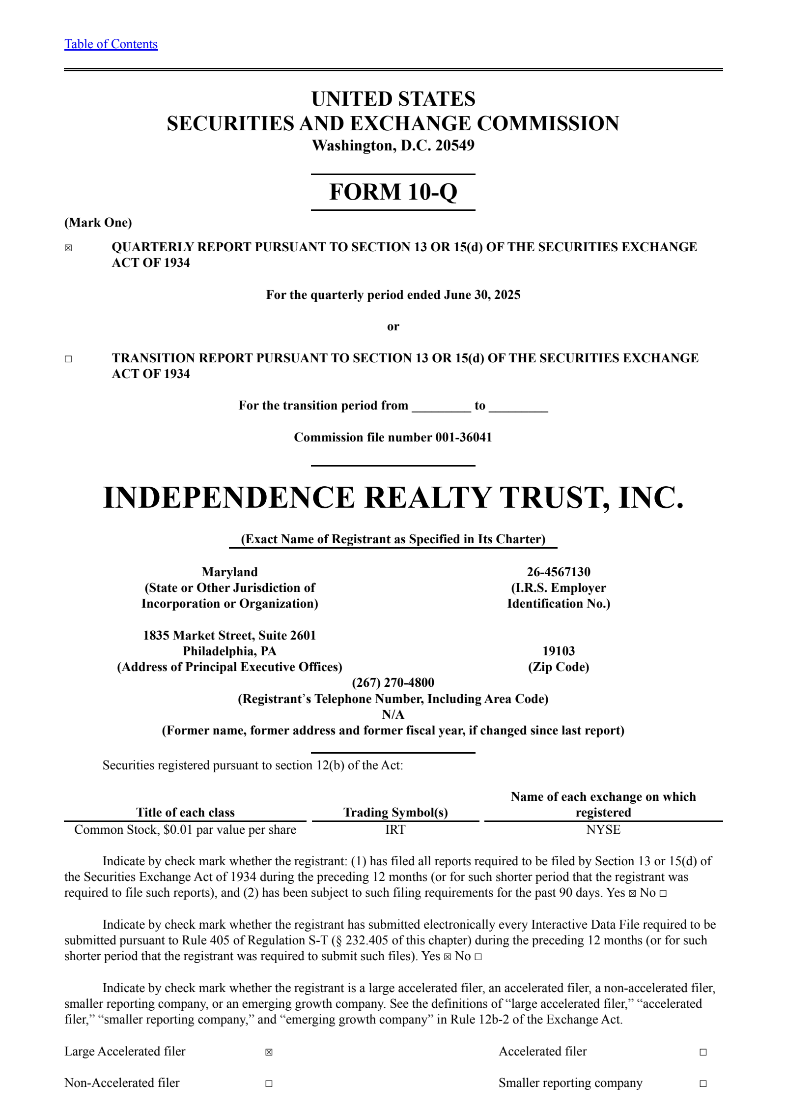 Independence Realty Trust's Q2 2025 Quarterly report
