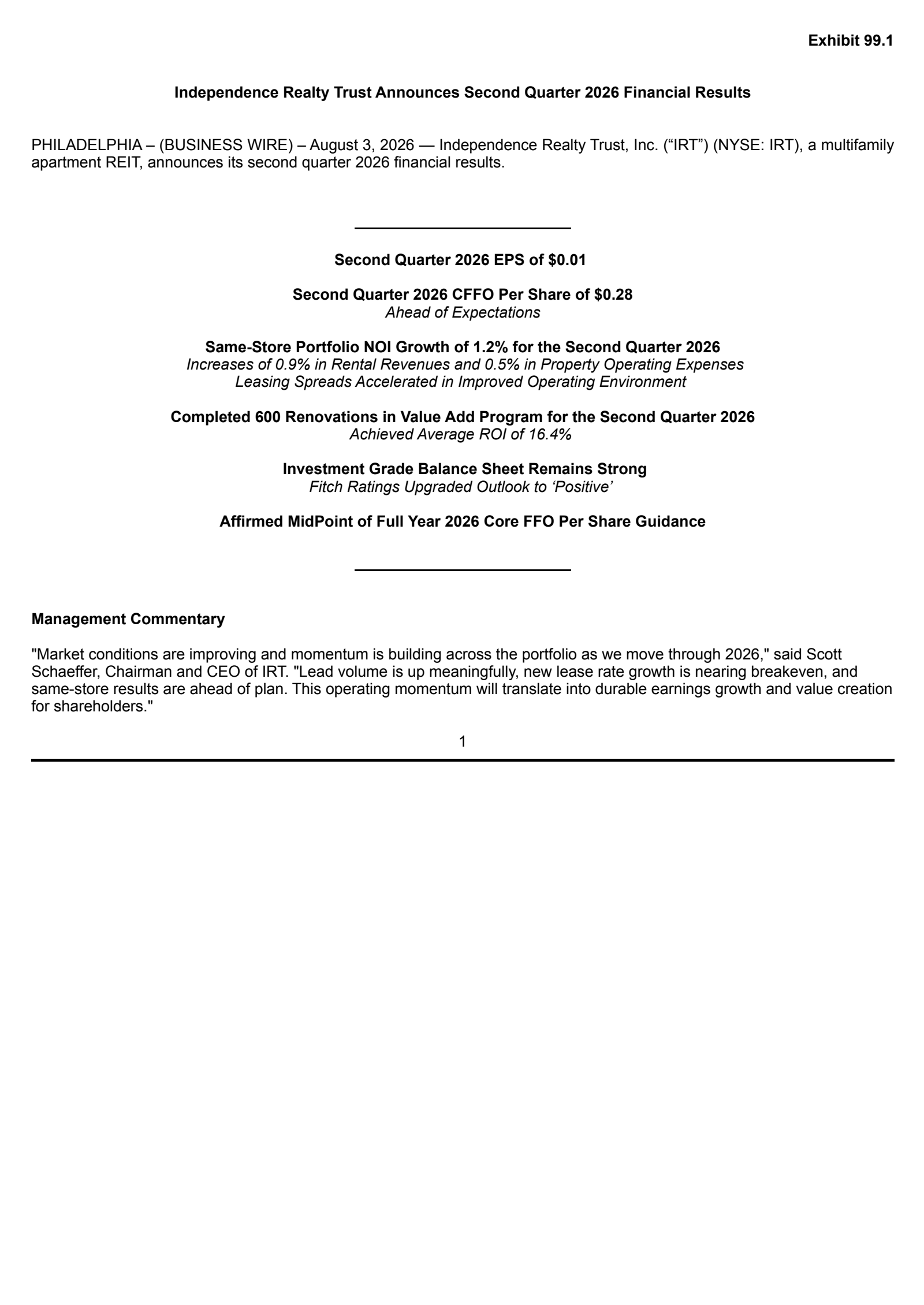 Independence Realty Trust's Q2 2026 Press Release