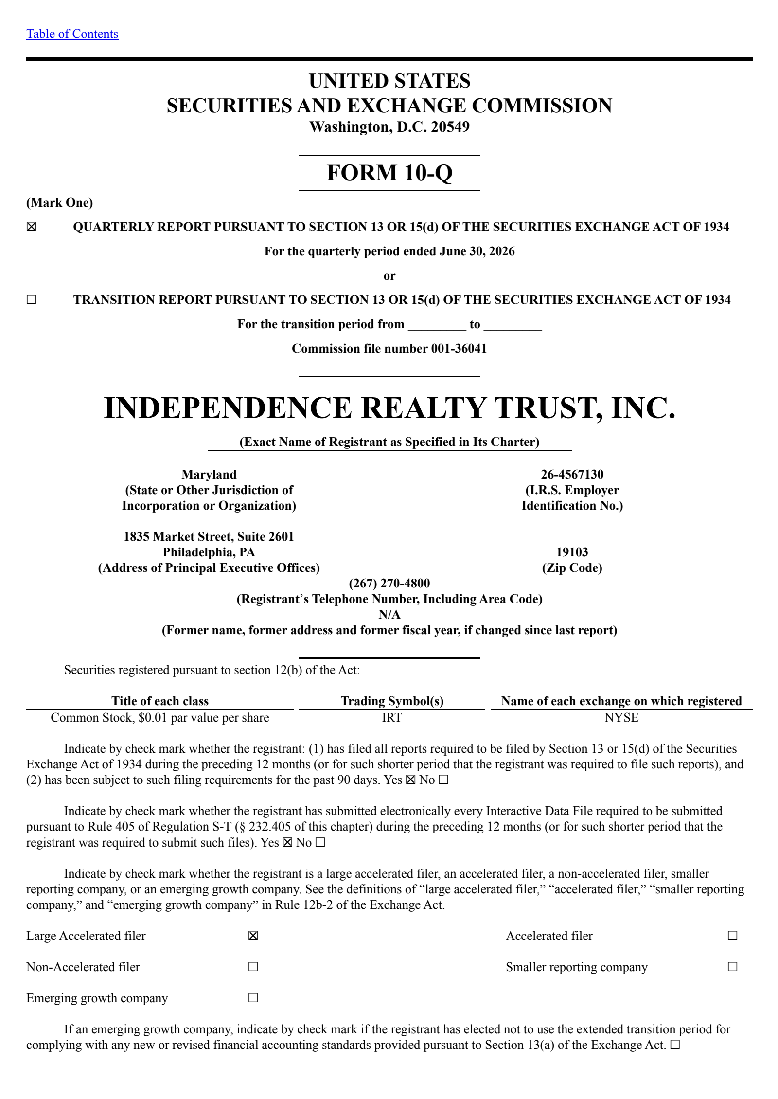 Independence Realty Trust's Q2 2026 Quarterly report