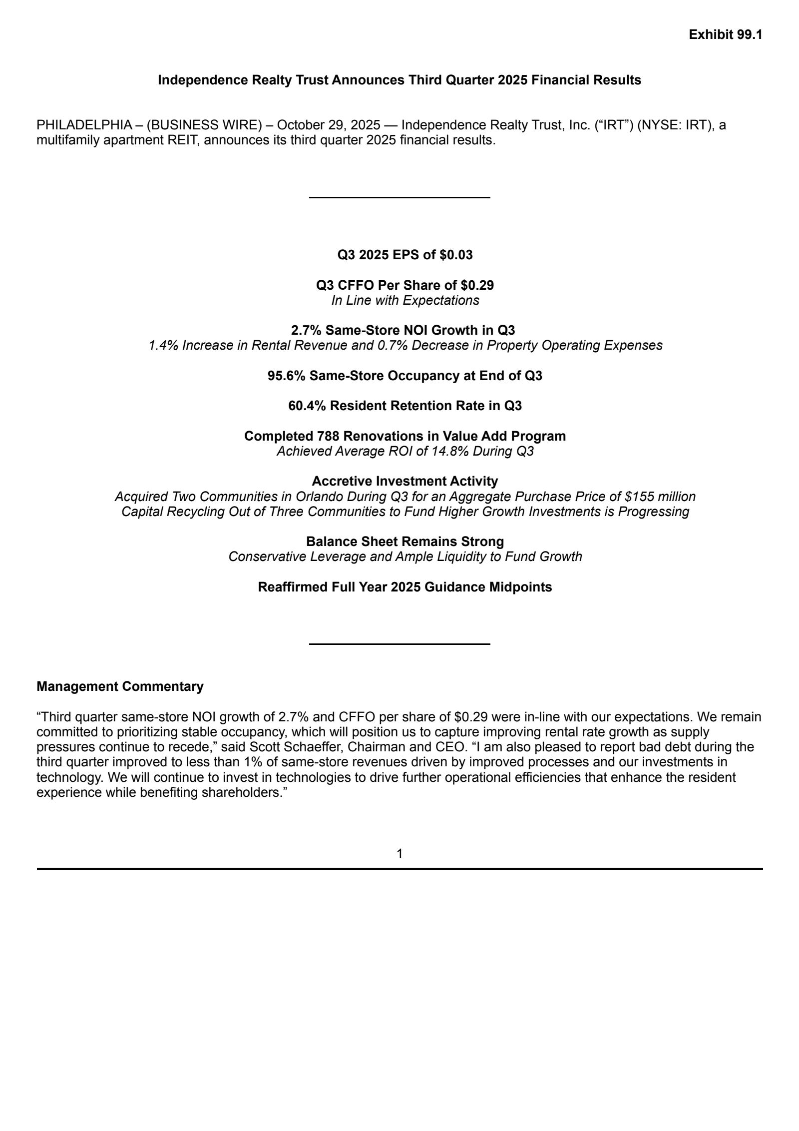 Independence Realty Trust's Q3 2025 Earnings Release