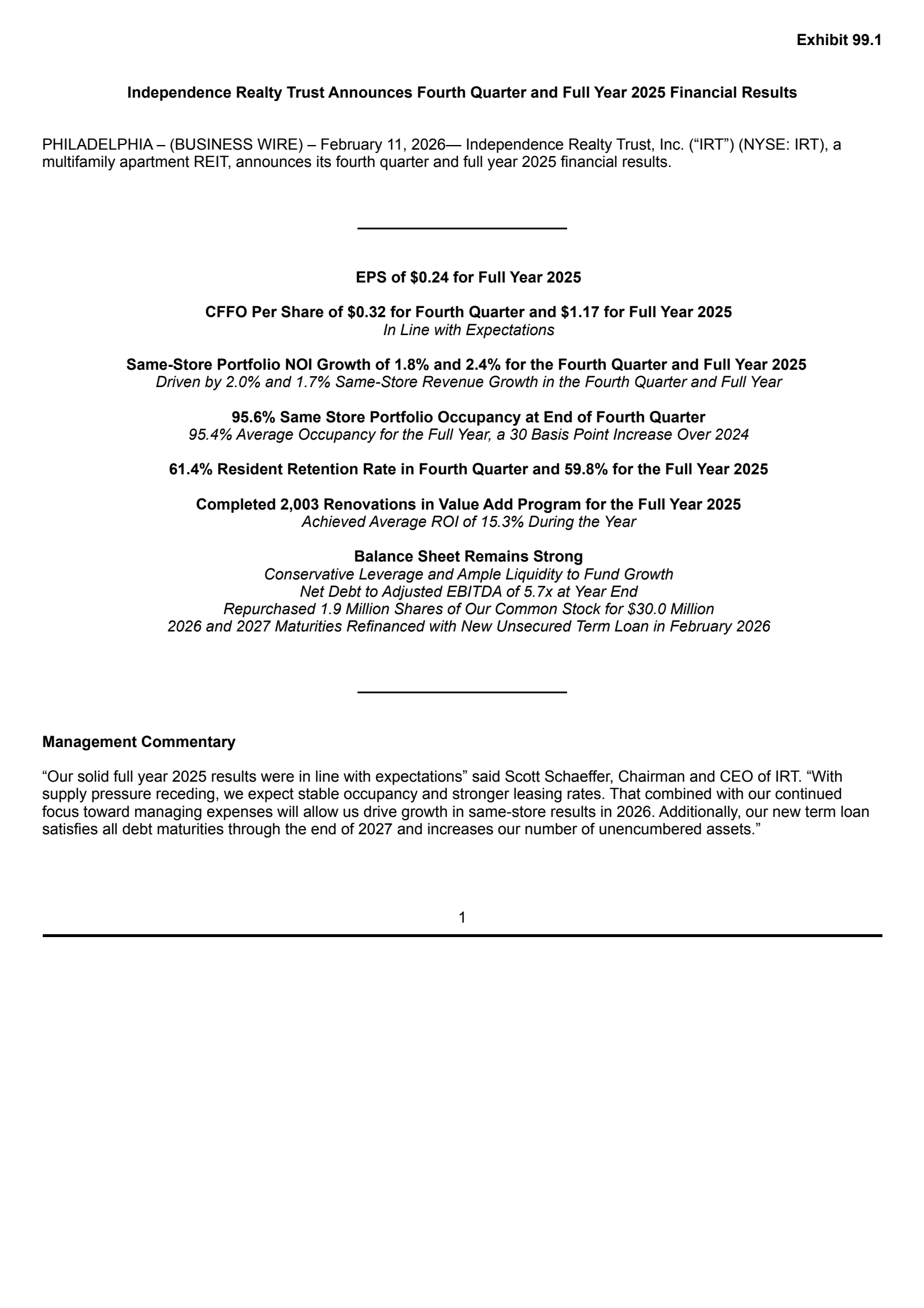 Independence Realty Trust's Q4 2025 Press Release