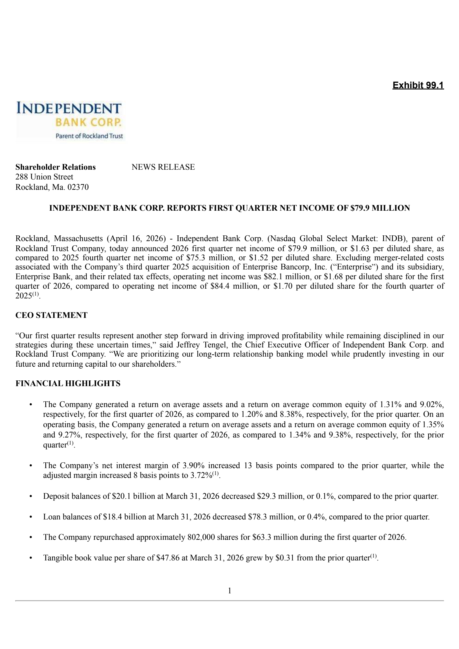 Independent Bank's Q1 2026 Press Release