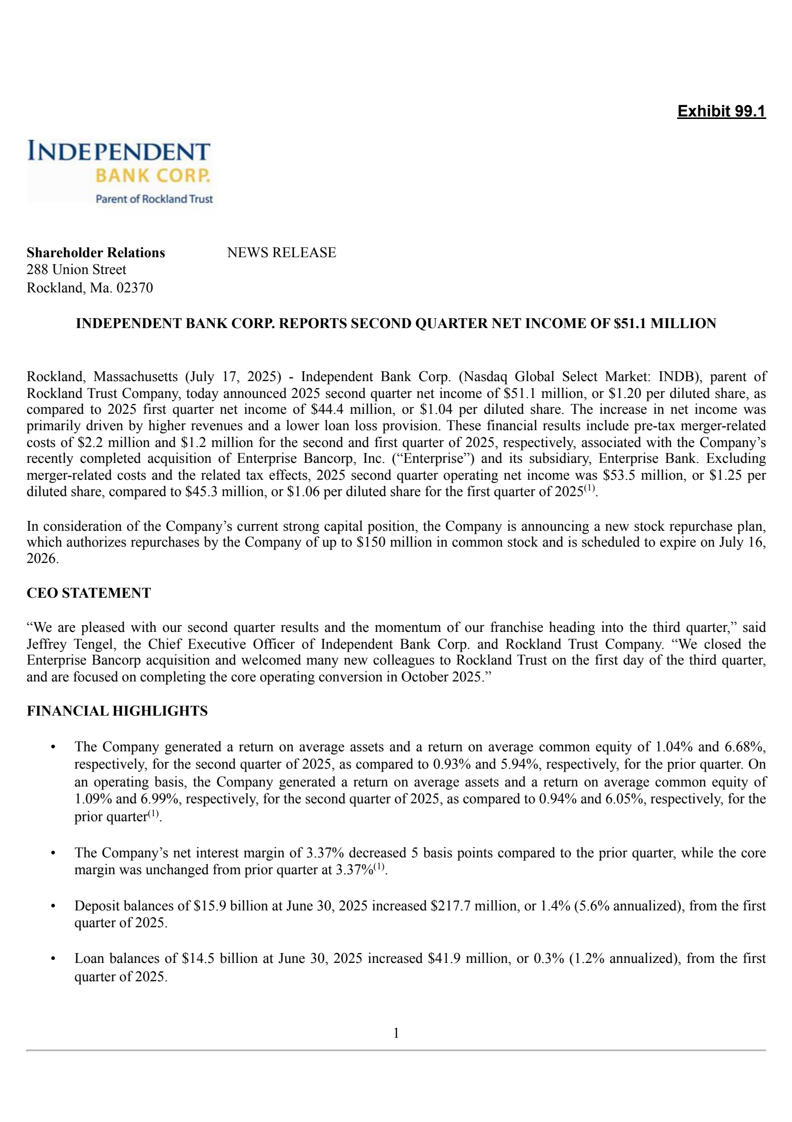 Independent Bank's Q2 2025 Press Release