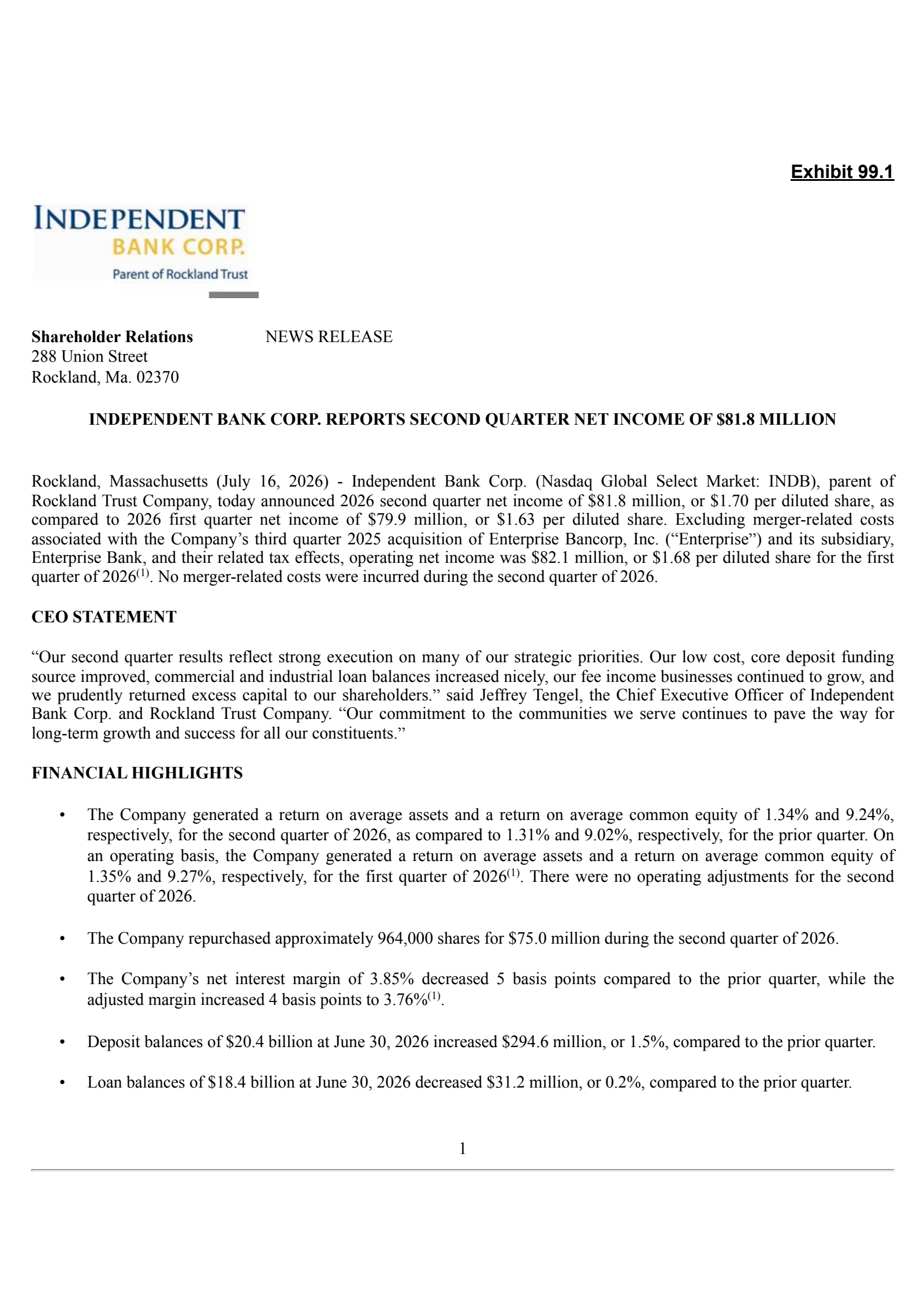 Independent Bank's Q2 2026 Press Release