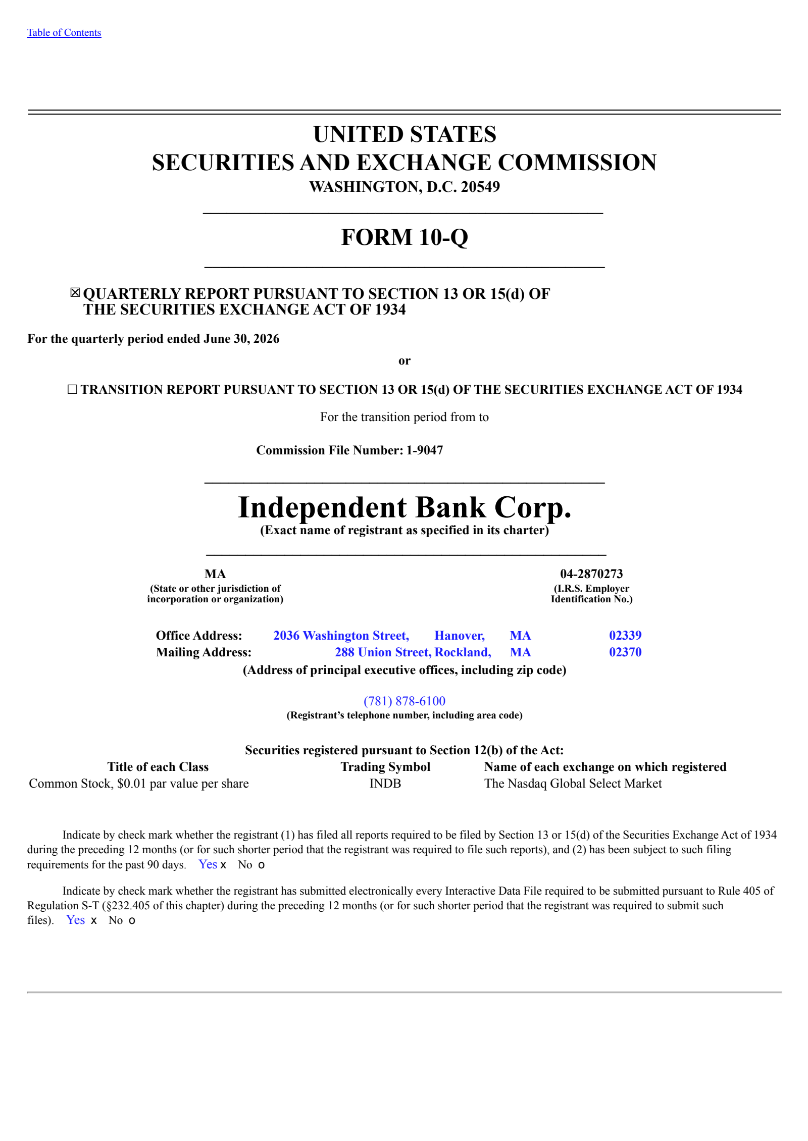 Independent Bank's Q2 2026 Quarterly report