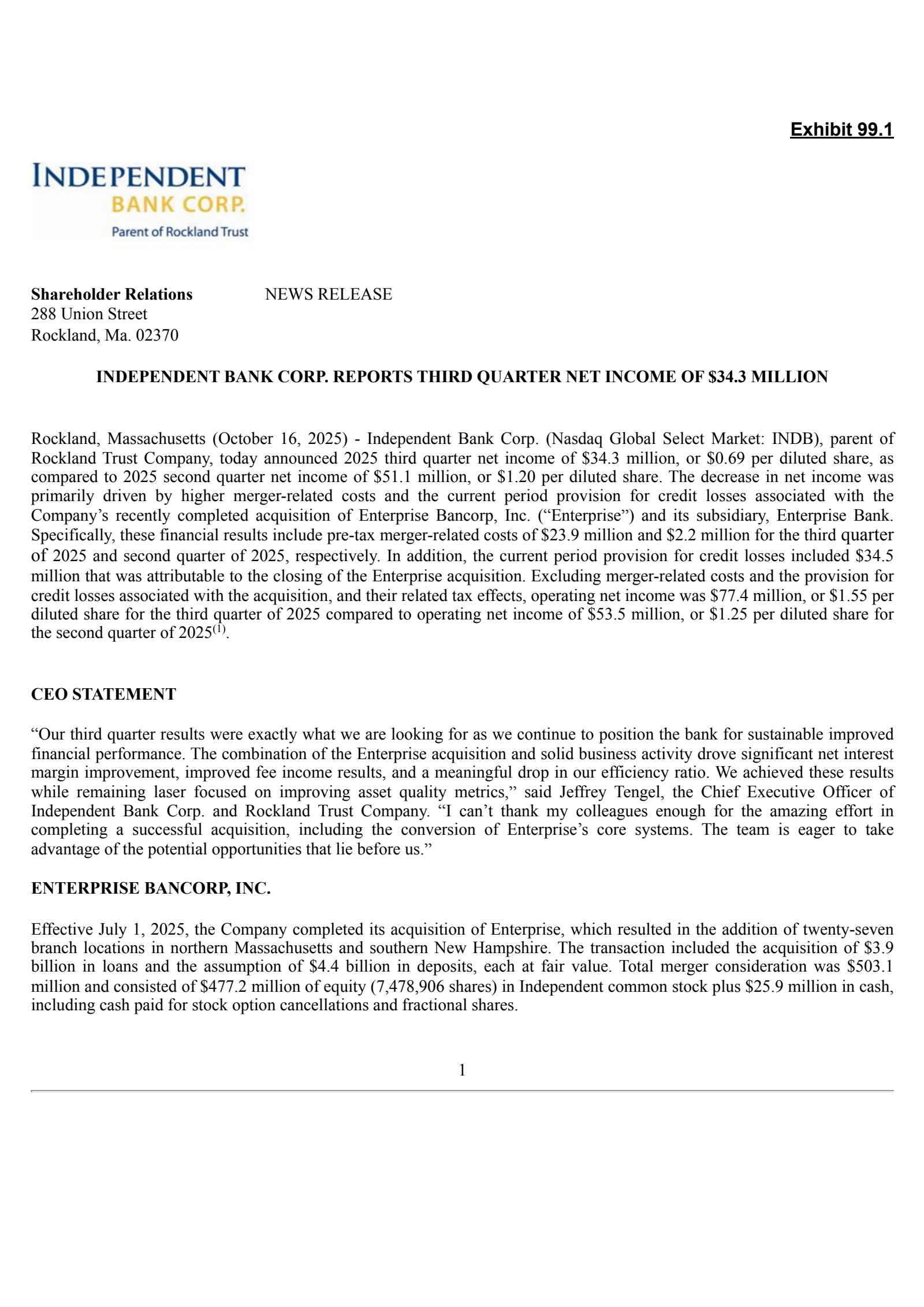 Independent Bank's Q3 2025 Earnings Release