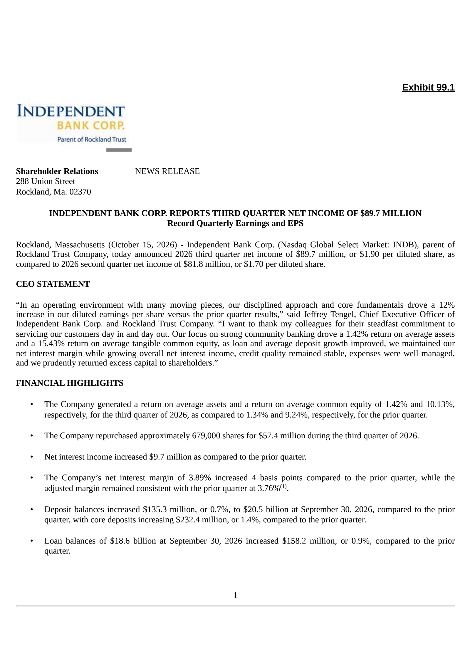 Independent Bank's Q3 2026 Press Release