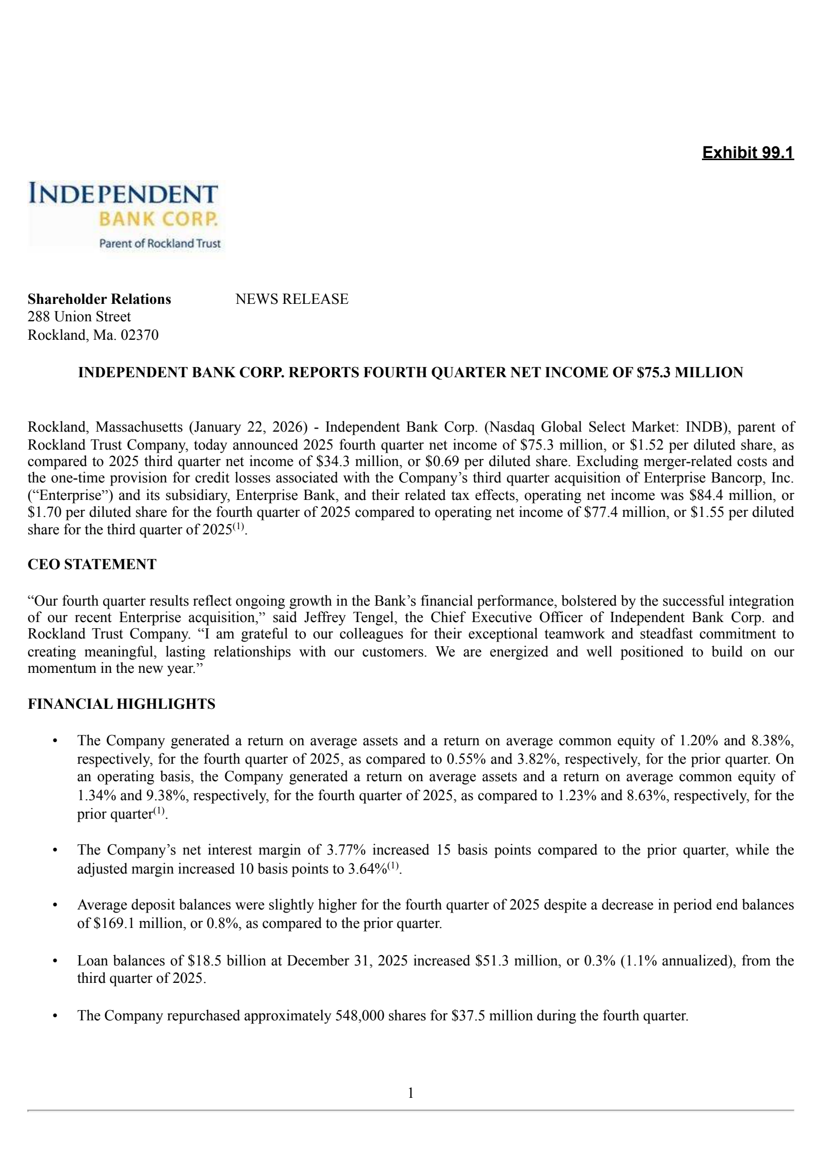 Independent Bank's Q4 2025 Press Release