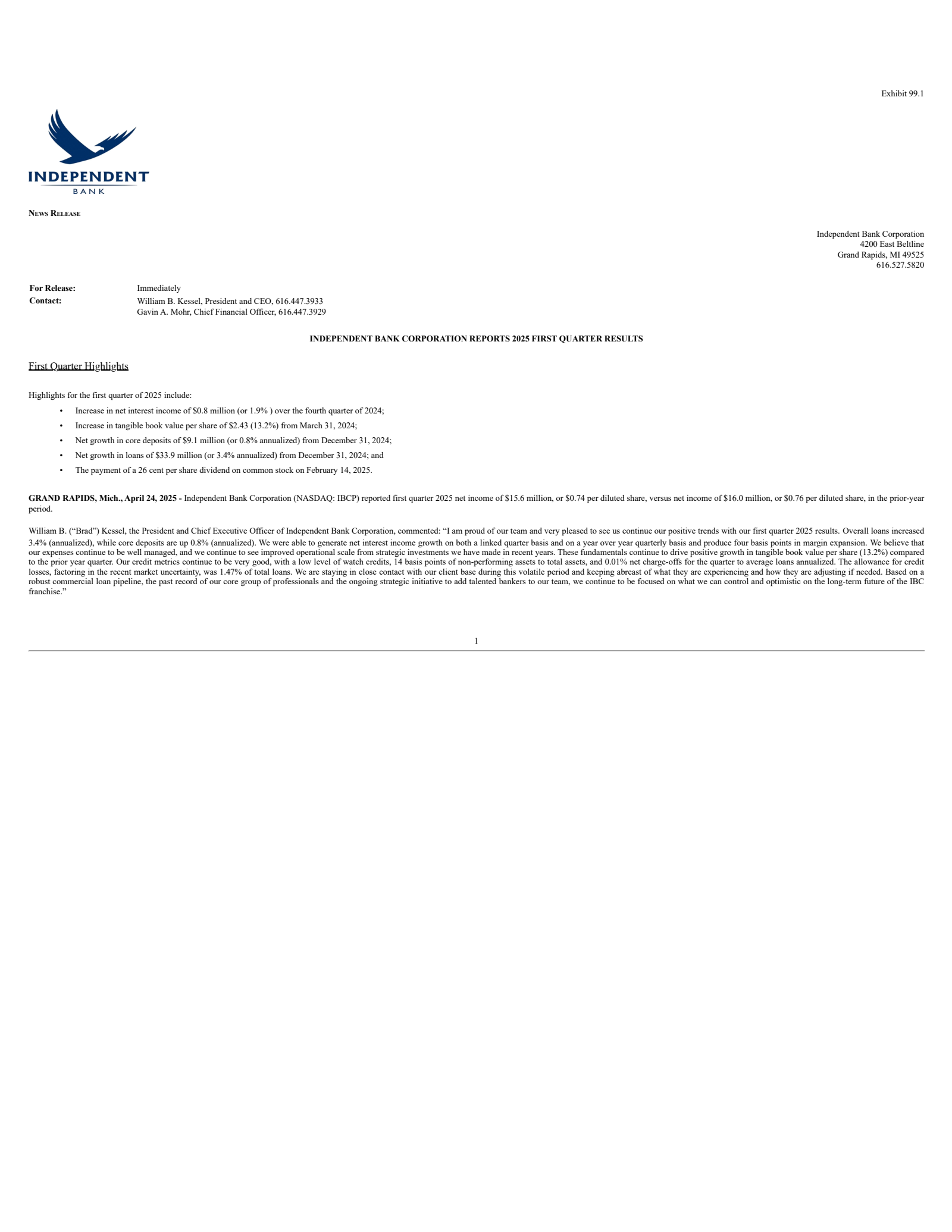 Independent Bank's Q1 2025 Press Release