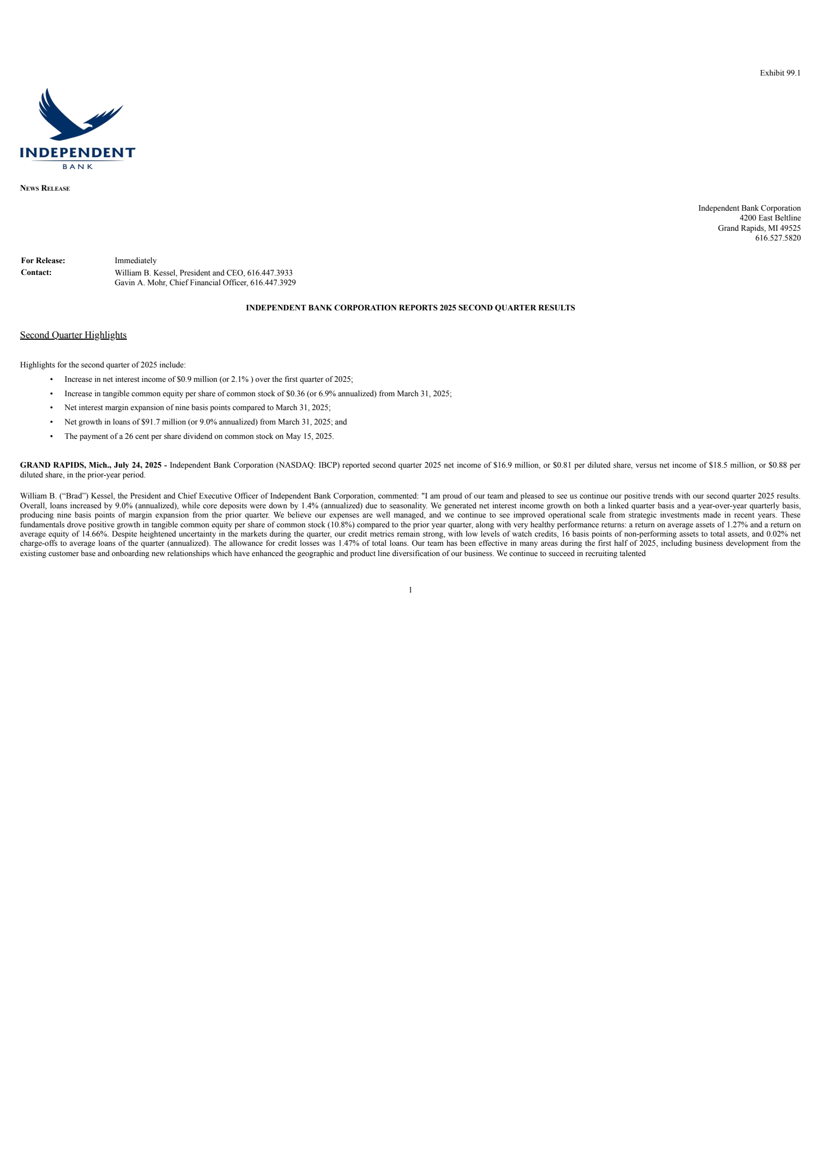 Independent Bank's Q2 2025 Press Release