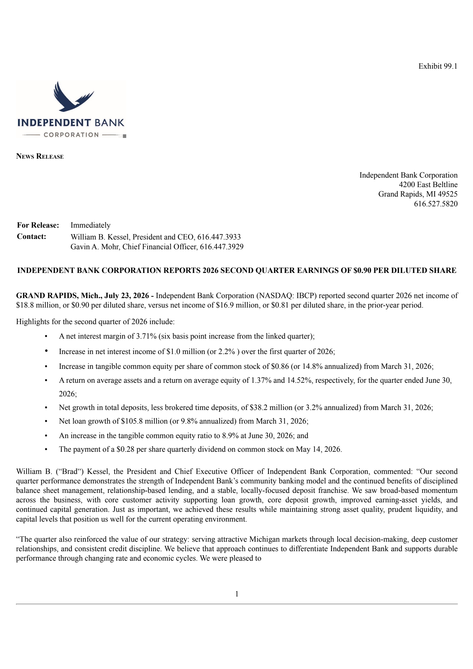 Independent Bank's Q2 2026 Press Release