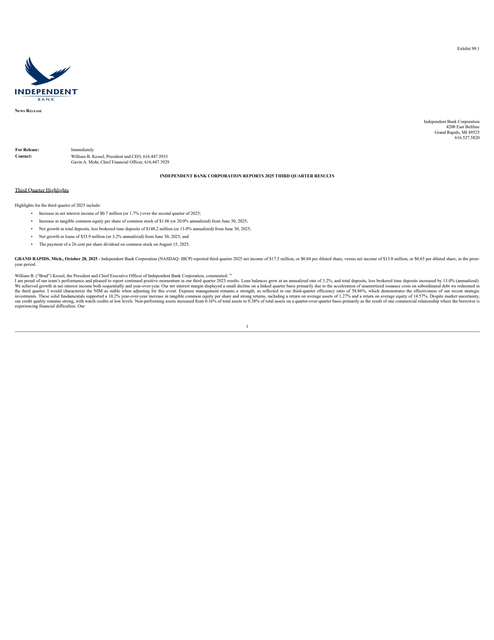 Independent Bank's Q3 2025 Press Release