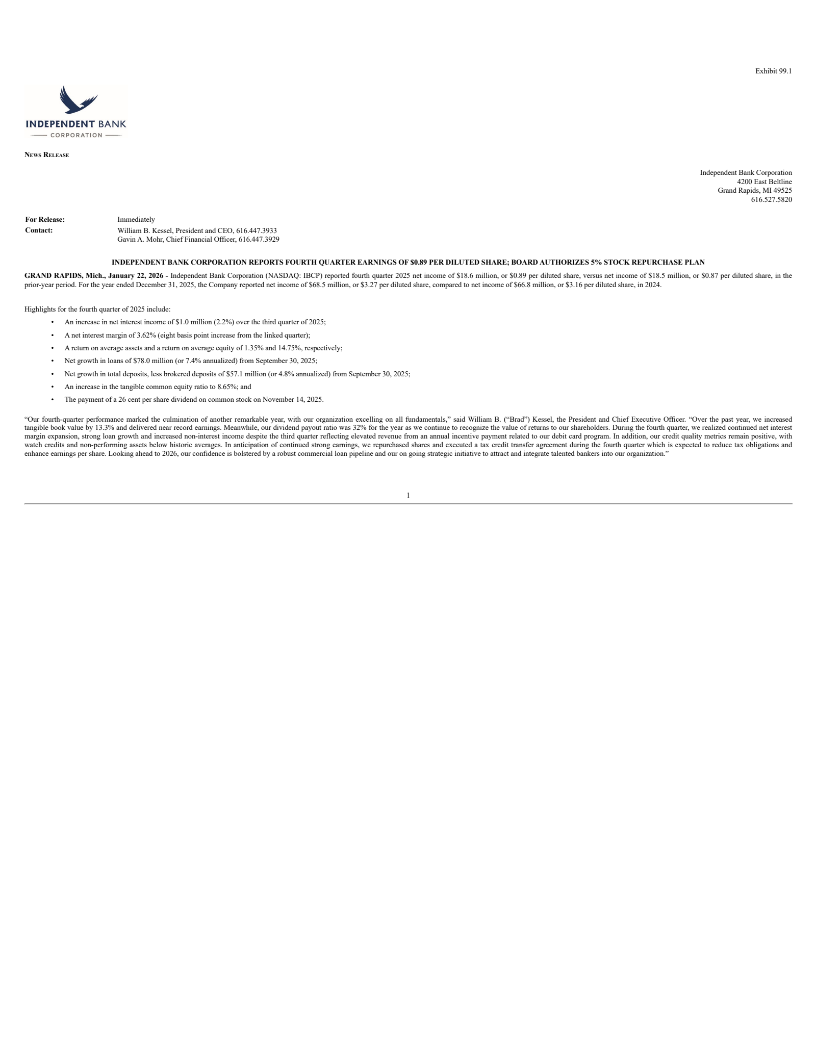 Independent Bank's Q4 2025 Press Release