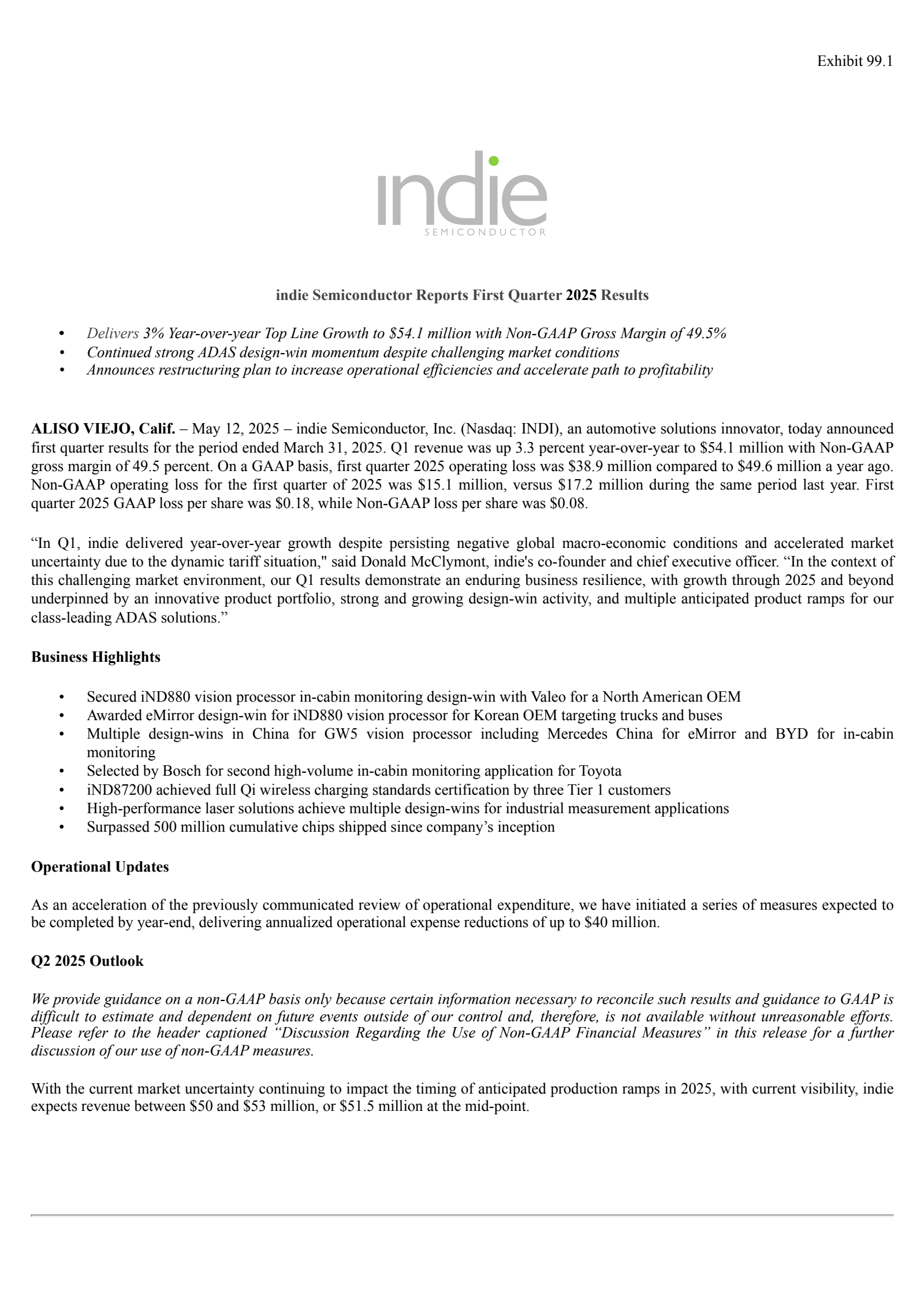indie Semiconductor's Q1 2025 Press Release