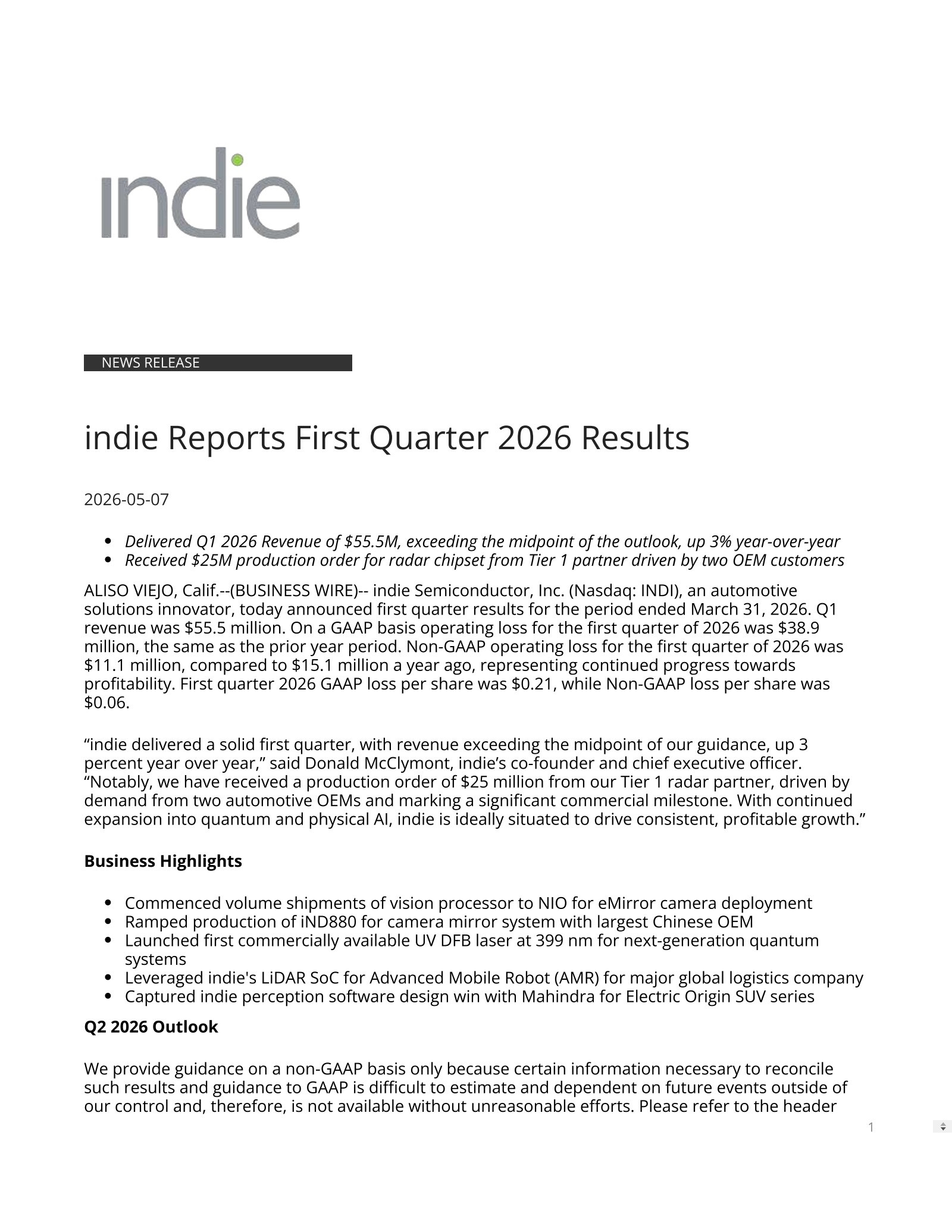 indie Semiconductor's Q1 2026 Press Release