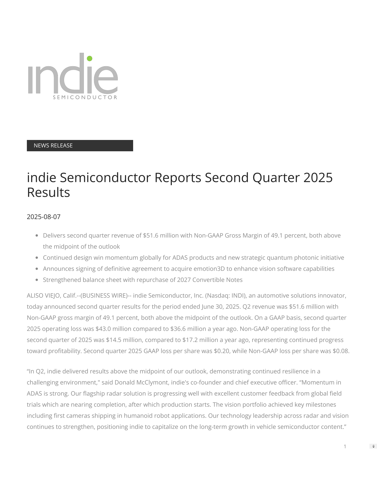 indie Semiconductor's Q2 2025 Press Release