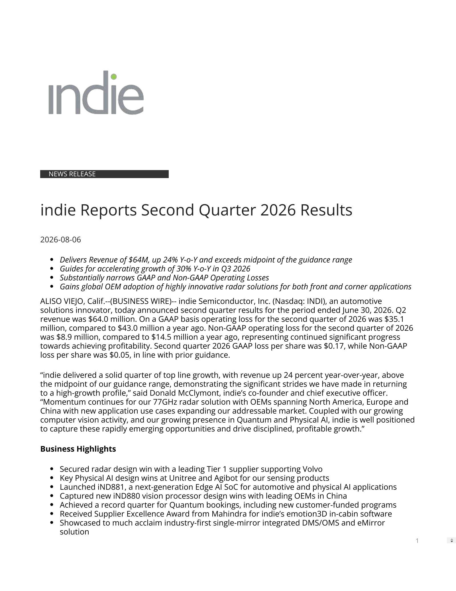 indie Semiconductor's Q2 2026 Press Release