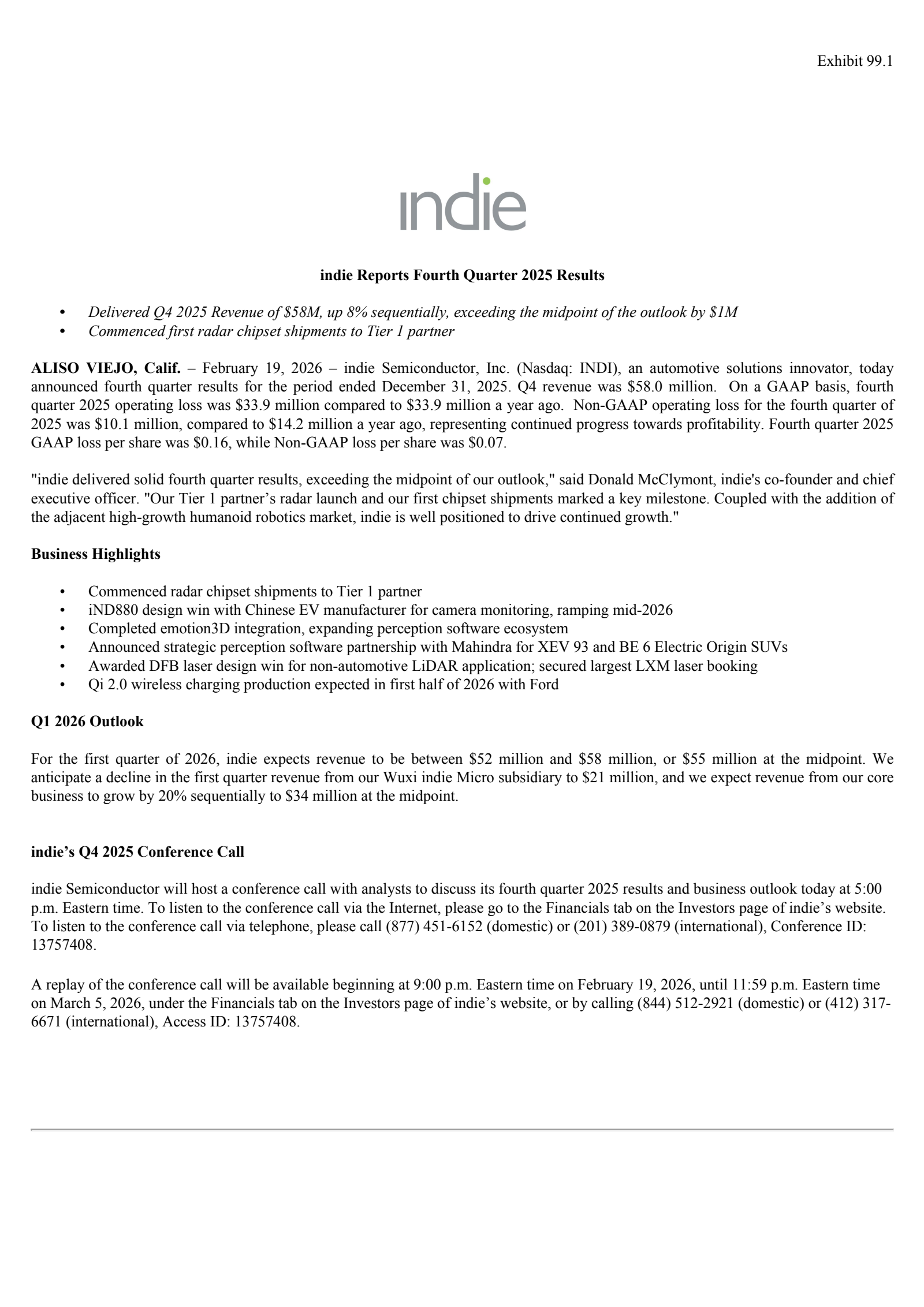 indie Semiconductor's Q4 2025 Press Release