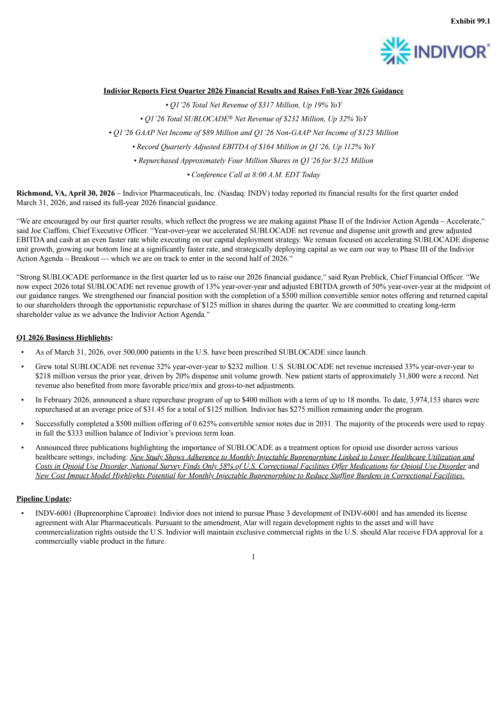 Indivior's Q1 2026 Press Release