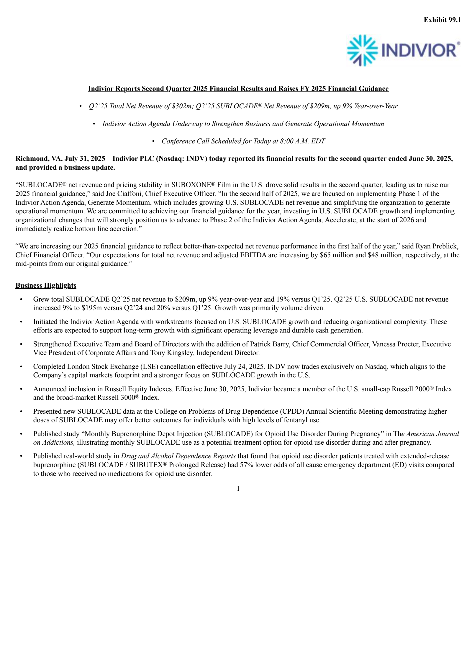 Indivior's Q2 2025 Press Release
