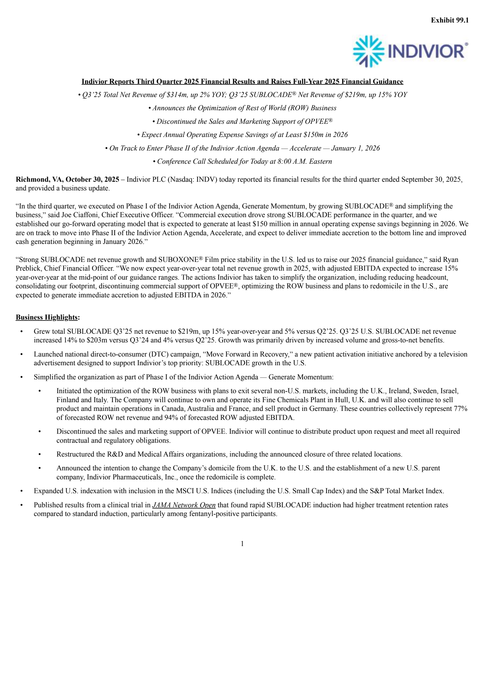 Indivior's Q3 2025 Earnings Release