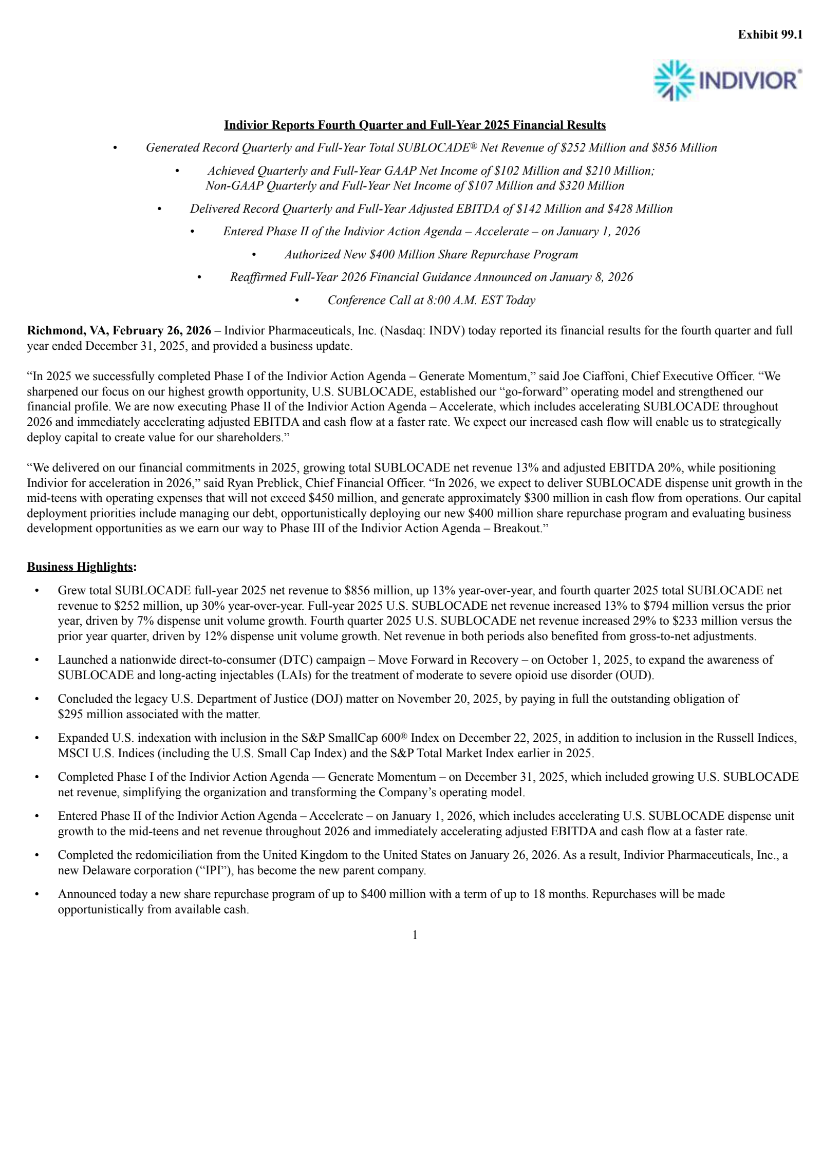Indivior's Q4 2025 Press Release
