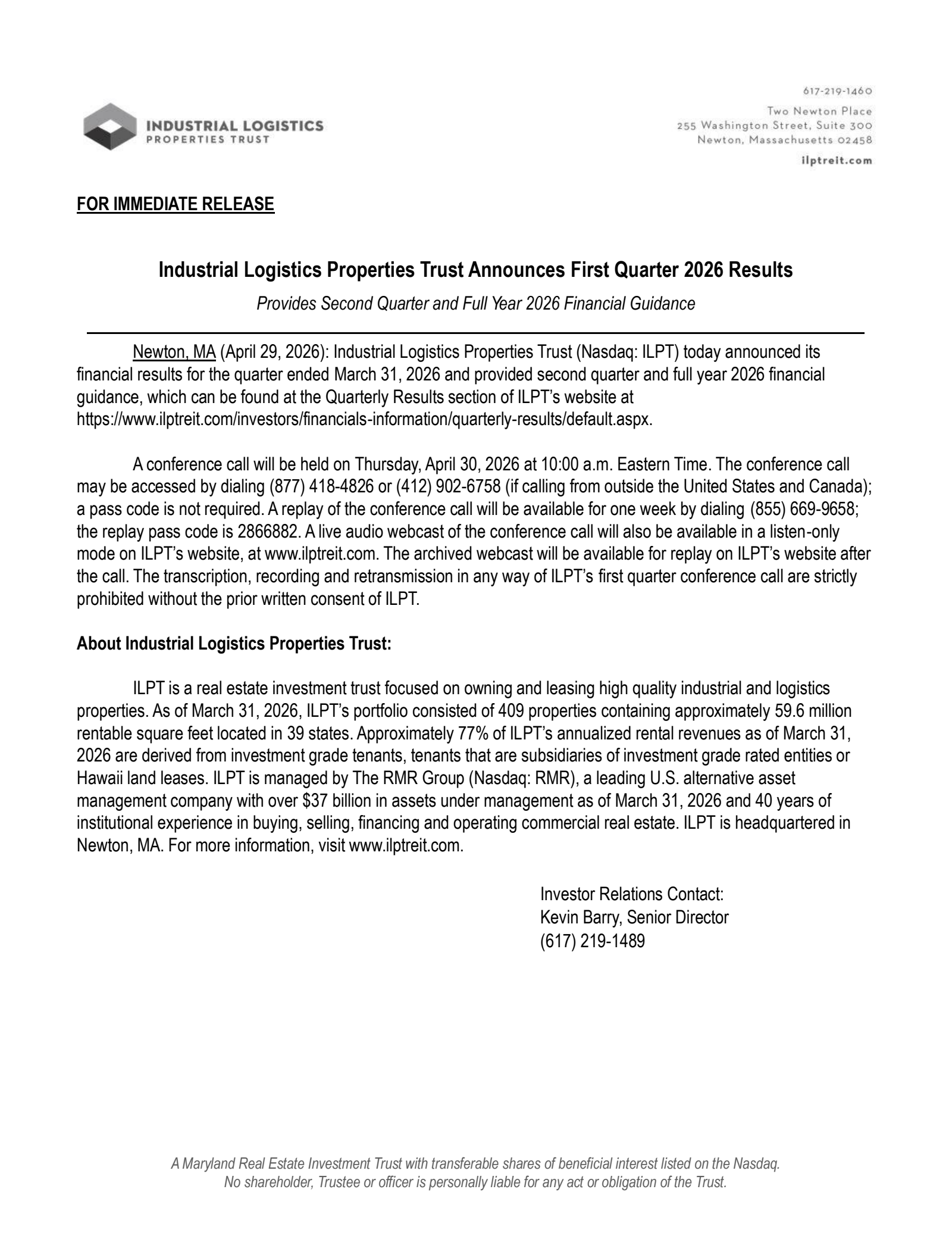 Industrial Logistics Properties Trust's Q1 2026 Press Release