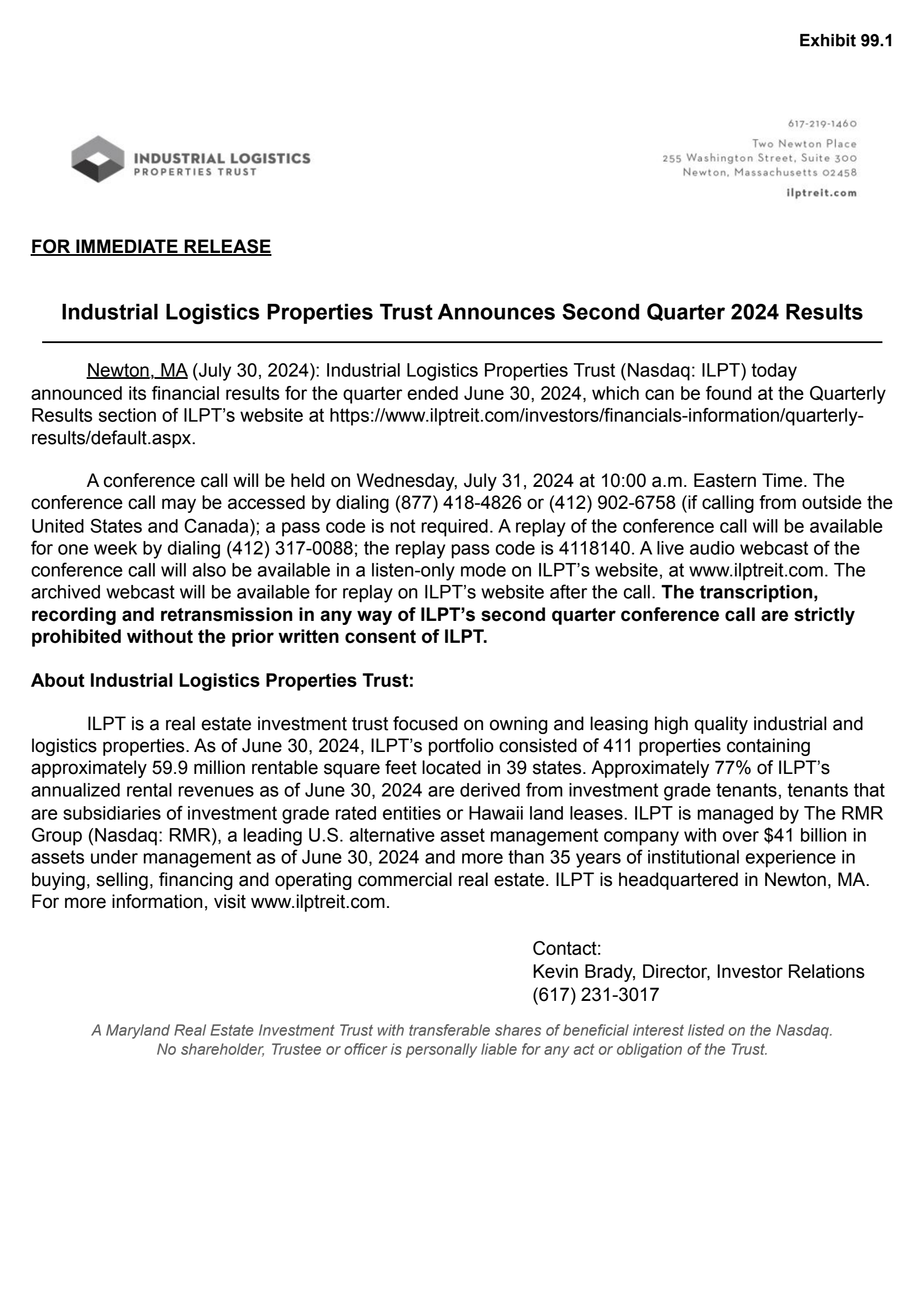 Industrial Logistics Properties Trust's Q2 2024 Press Release