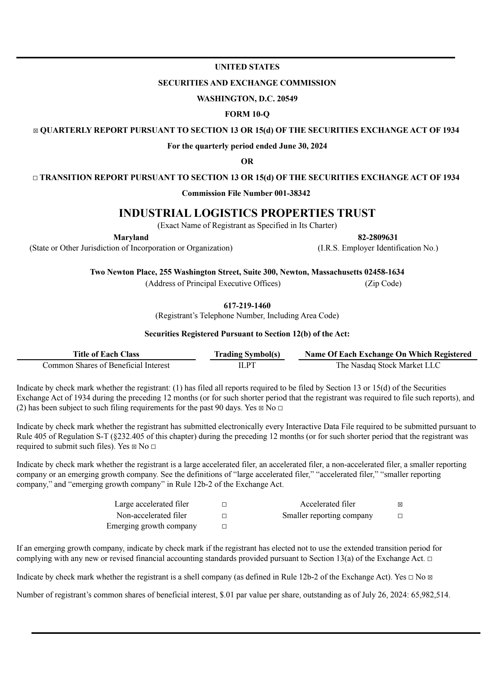 Industrial Logistics Properties Trust's Q2 2024 Quarterly report